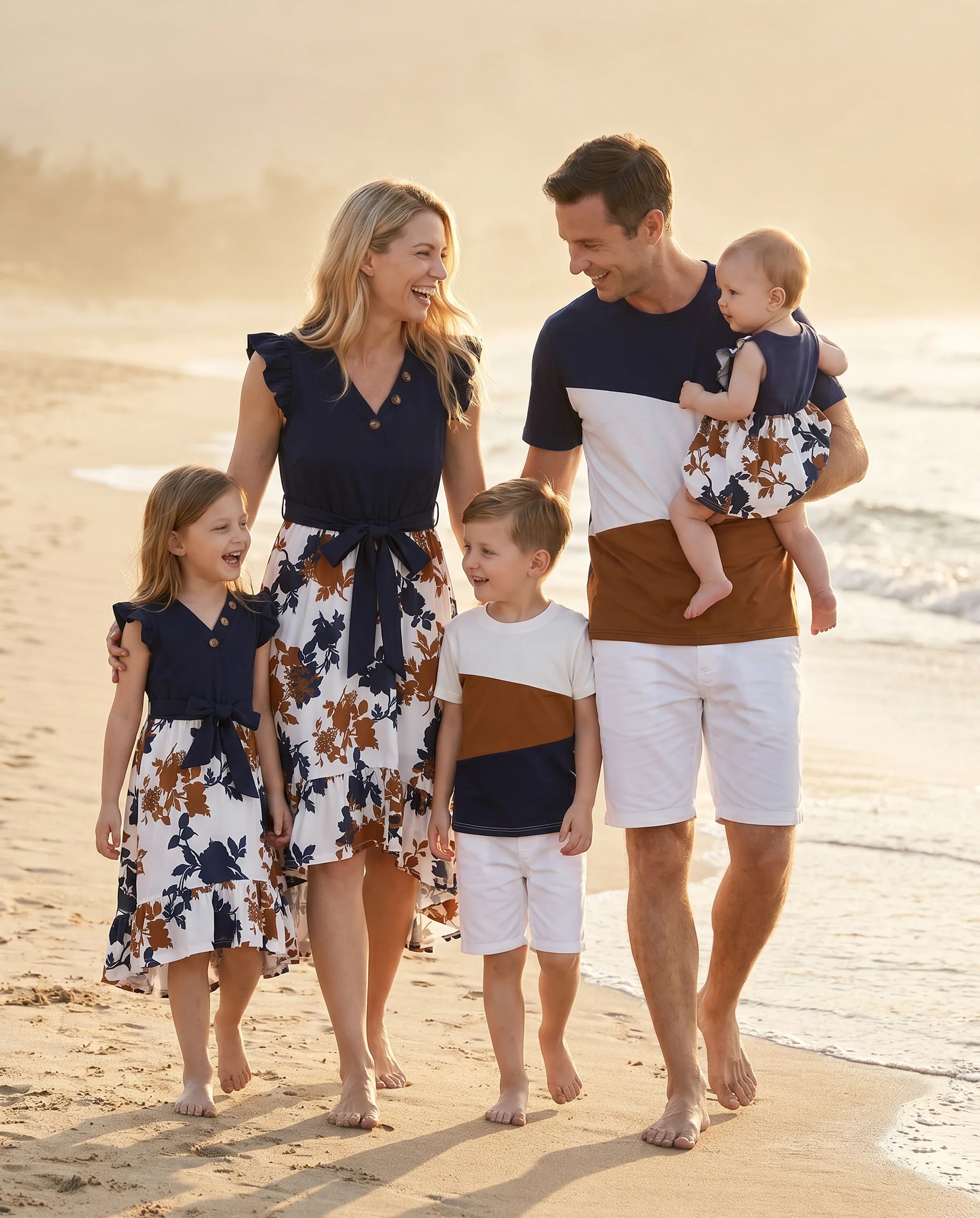 Family Matching Casual Dress or T-Shirt, Solid Color, Fabric Stitching royalblue - Image 11