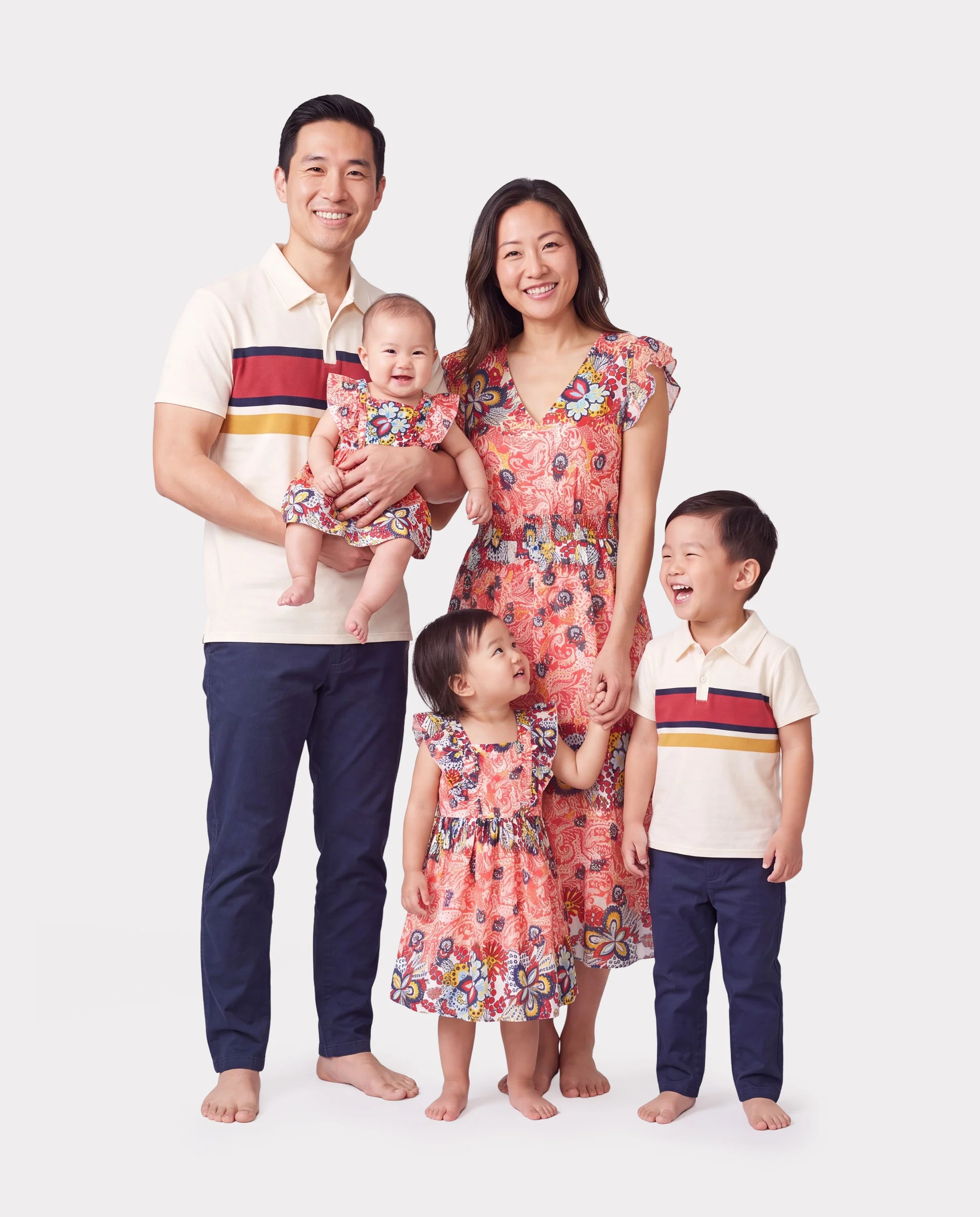 Family Matching Casual Outfit Colorblock Polo Collar T-shirt or Floral Print Flutter Sleeveless Dress Set Orange red