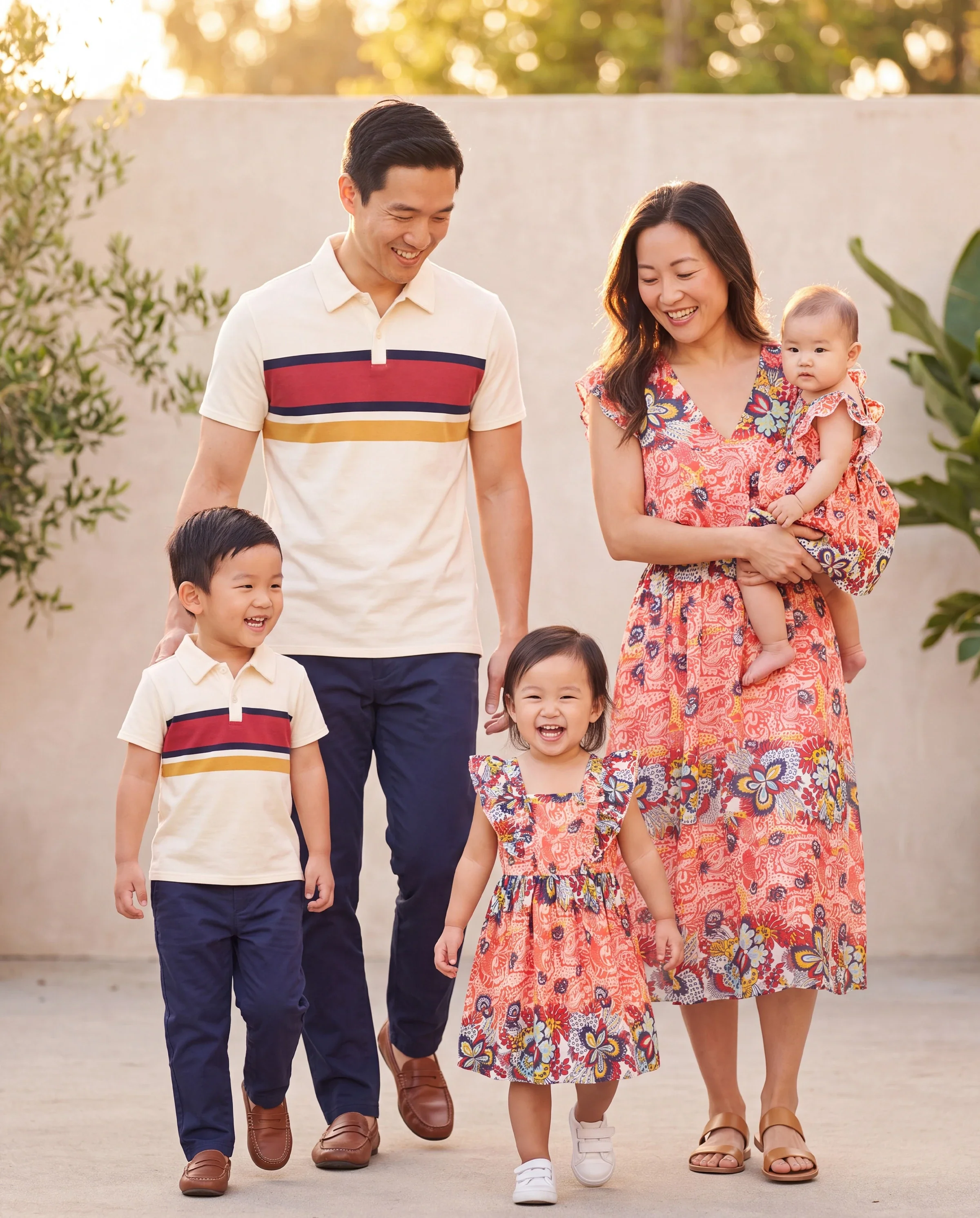 Family Matching Casual Outfit Colorblock Polo Collar T-shirt or Floral Print Flutter Sleeveless Dress Set Orange red - Image 10