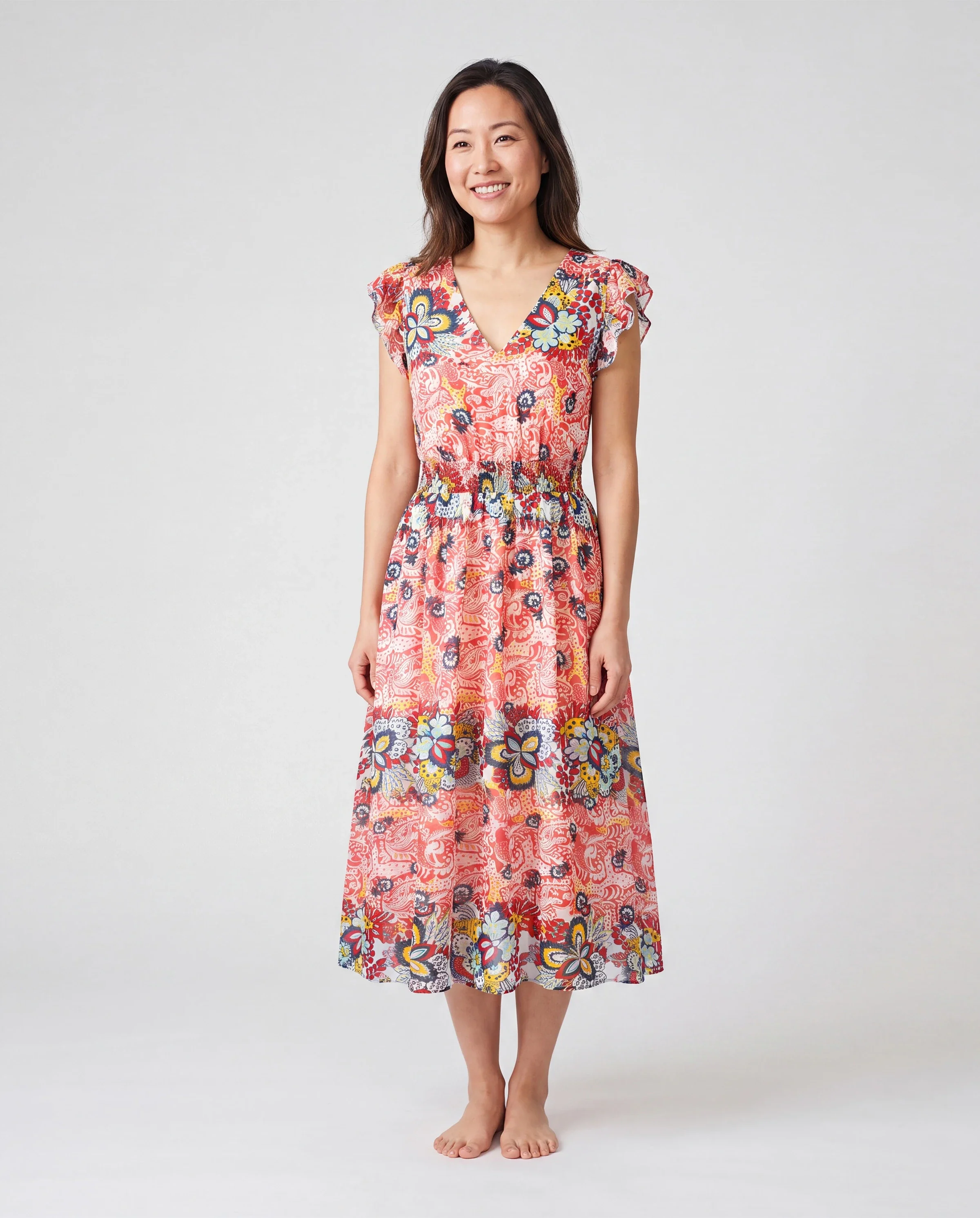Family Matching Casual Outfit Colorblock Polo Collar T-shirt or Floral Print Flutter Sleeveless Dress Set Orange red - Image 2