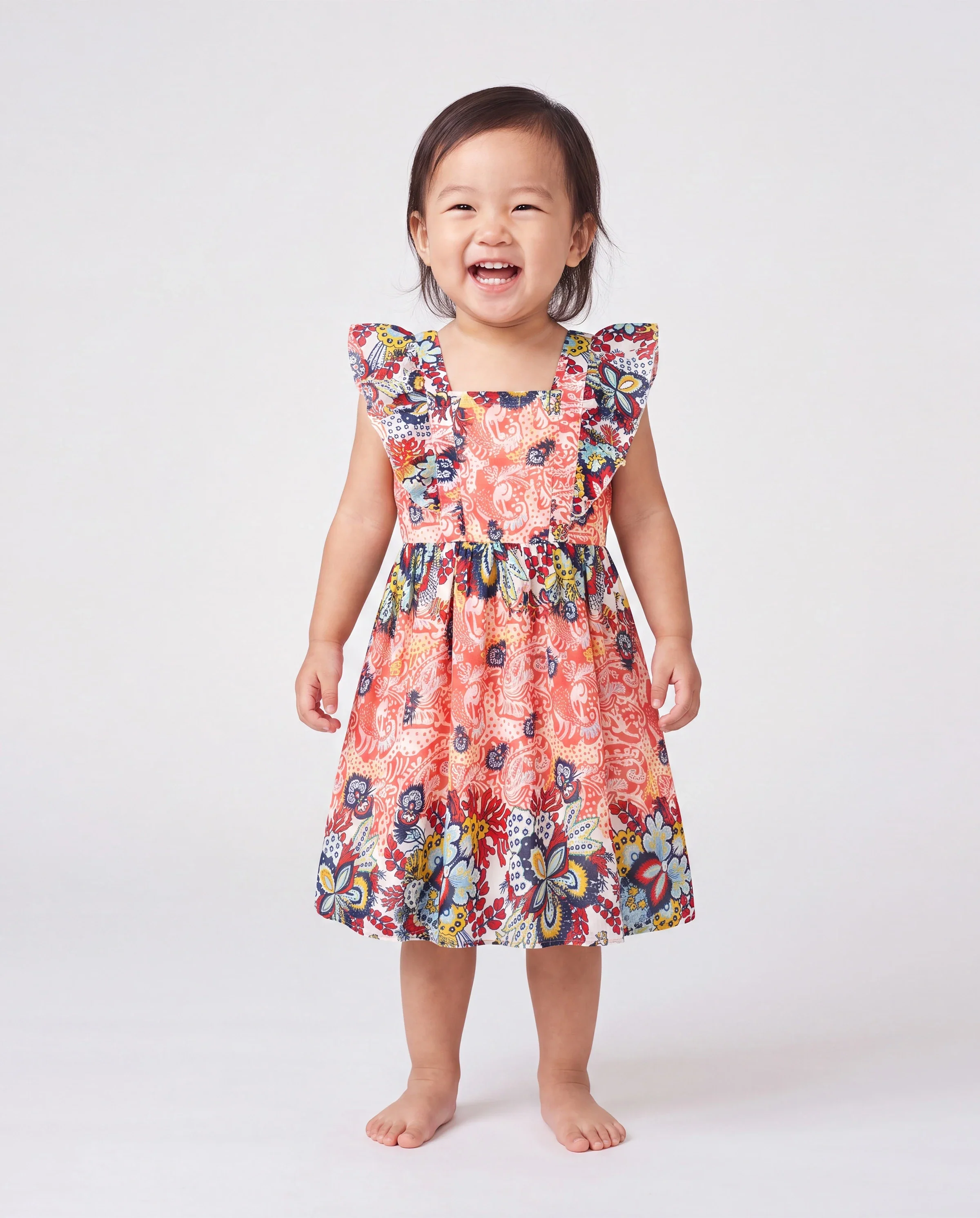 Family Matching Casual Outfit Colorblock Polo Collar T-shirt or Floral Print Flutter Sleeveless Dress Set Orange red - Image 3