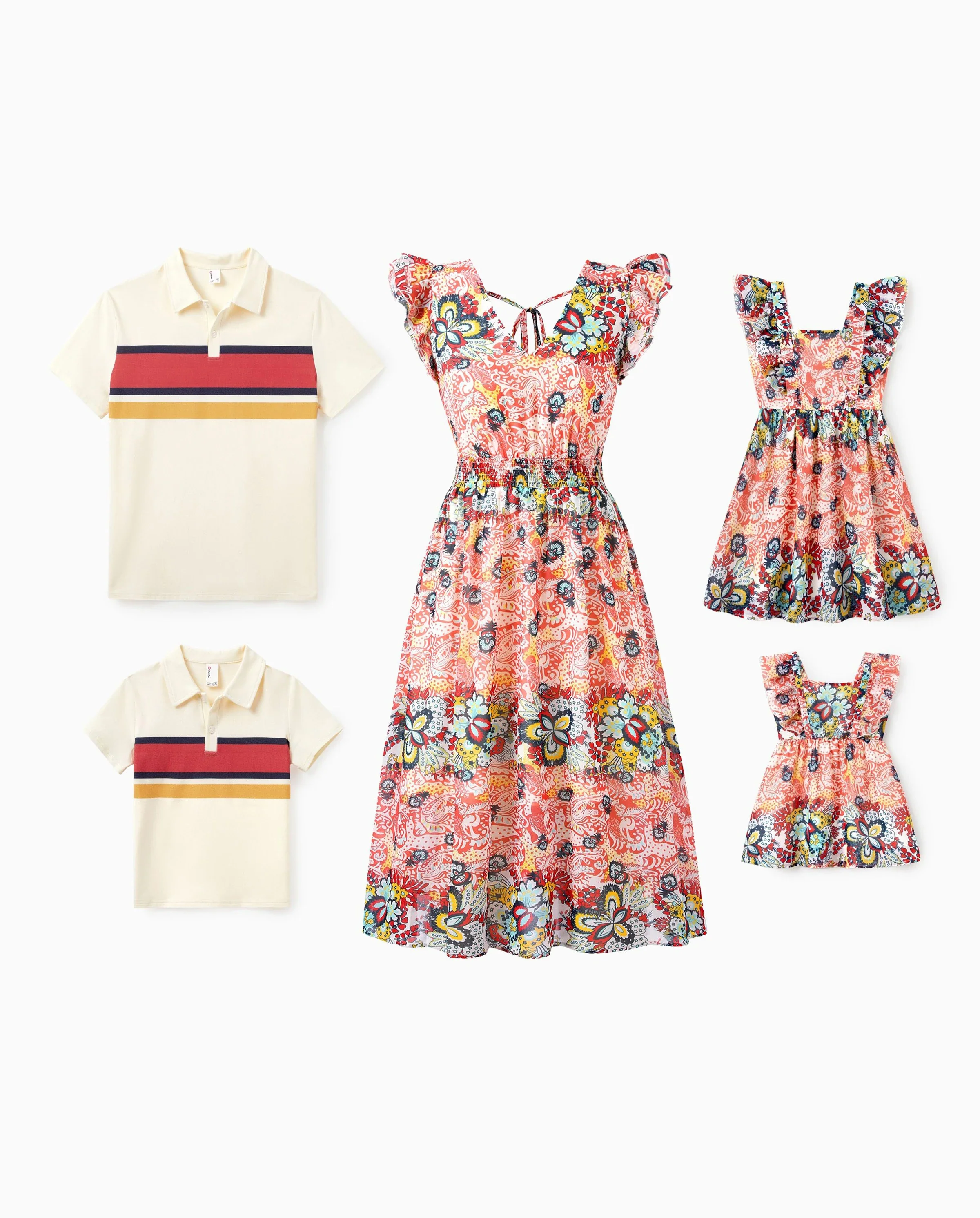 Family Matching Casual Outfit Colorblock Polo Collar T-shirt or Floral Print Flutter Sleeveless Dress Set Orange red - Image 9