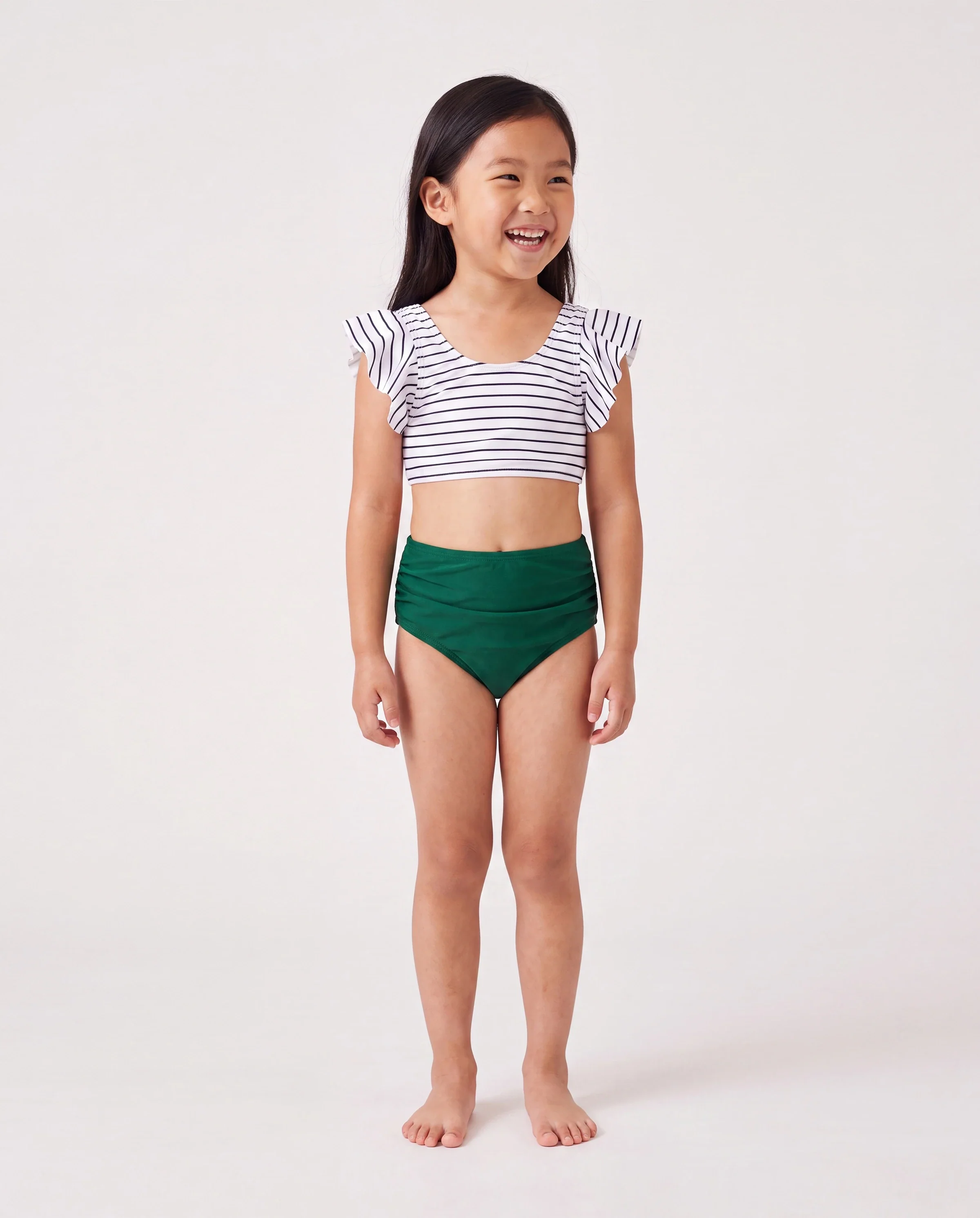 Family Matching Color Block Drawstring Swim Trunks or Stripe Cross Front Two-Piece Swimsuit (Quick-Dry) Green - Image 3