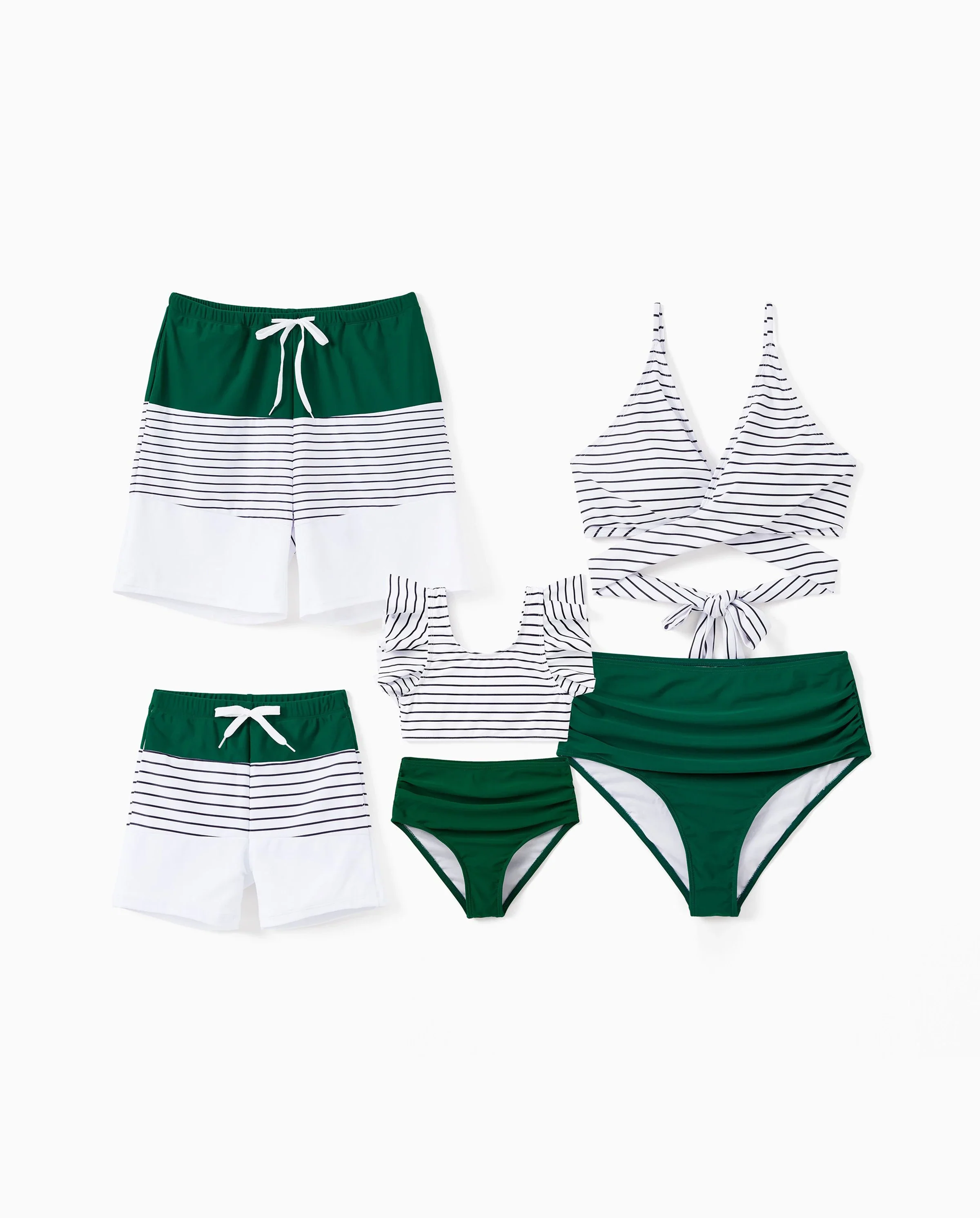 Family Matching Color Block Drawstring Swim Trunks or Stripe Cross Front Two-Piece Swimsuit (Quick-Dry) Green - Image 9
