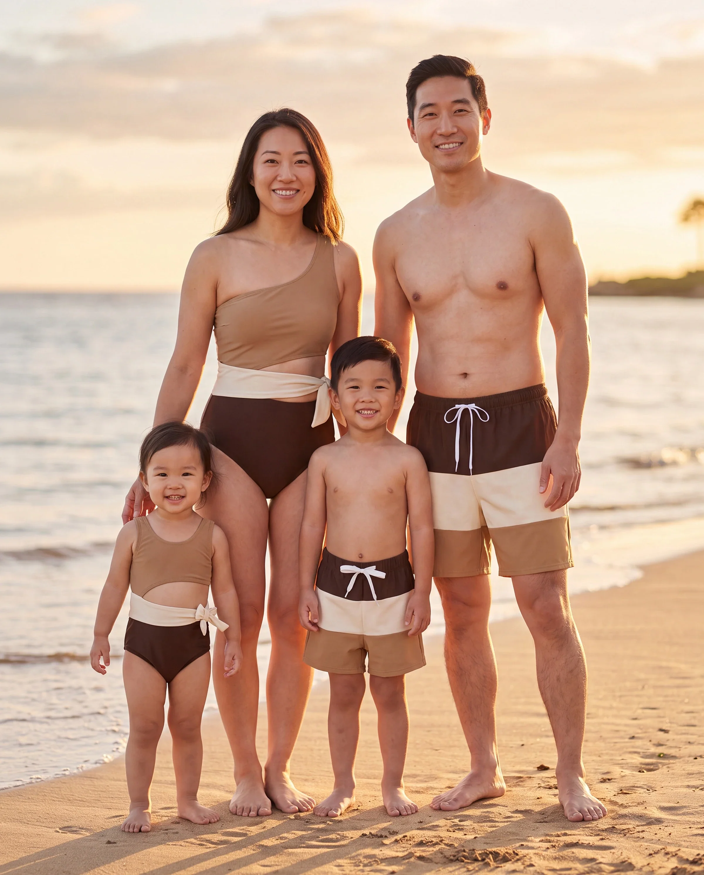 Family Matching Color Block Swimsuits, Mommy and Me One-Shoulder Cutout Bikini Set, Daddy and Son Color Block Swim Trunks, Summer Beach Vacation Swimwear Coffee - Image 10