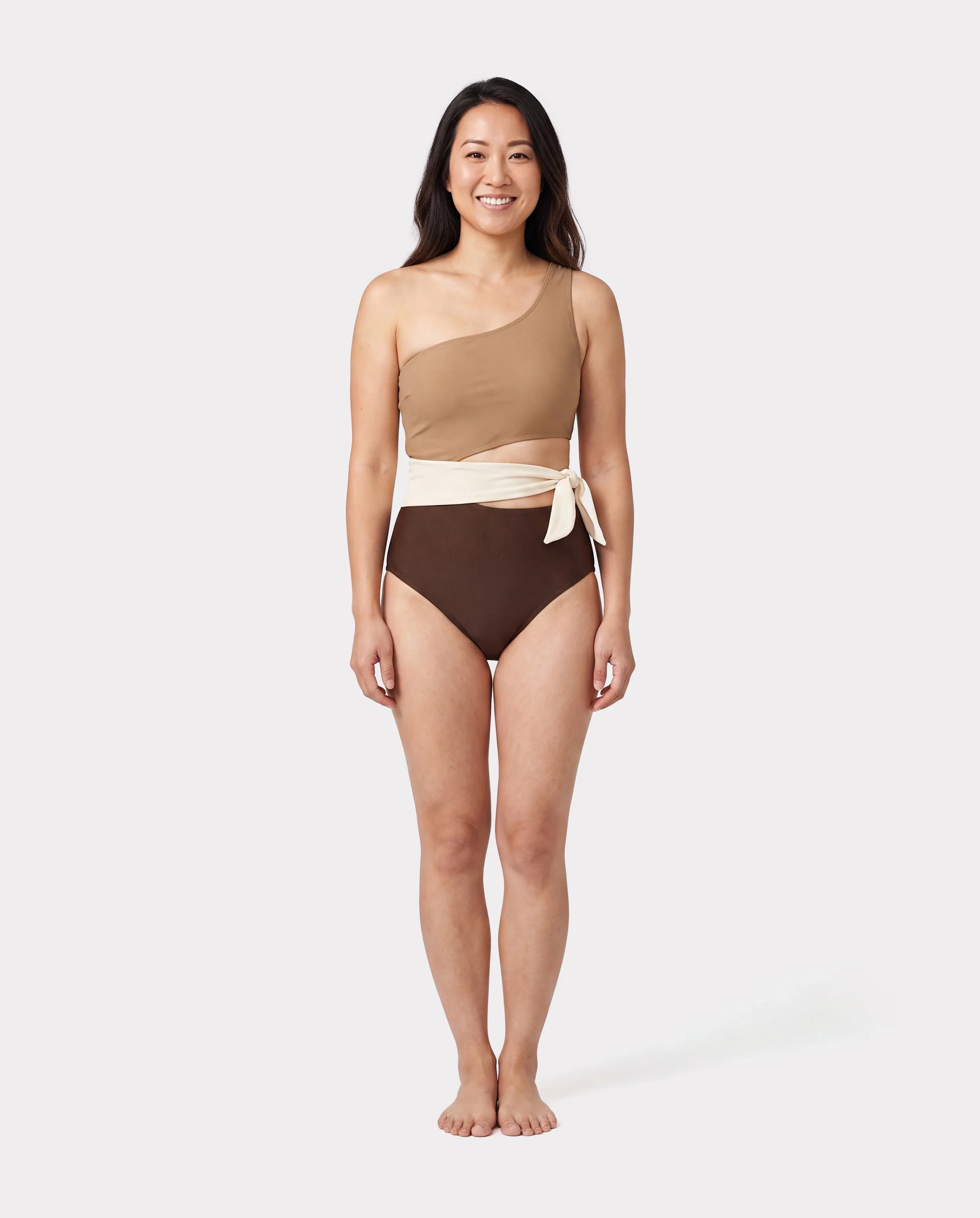 Family Matching Color Block Swimsuits, Mommy and Me One-Shoulder Cutout Bikini Set, Daddy and Son Color Block Swim Trunks, Summer Beach Vacation Swimwear Coffee - Image 2