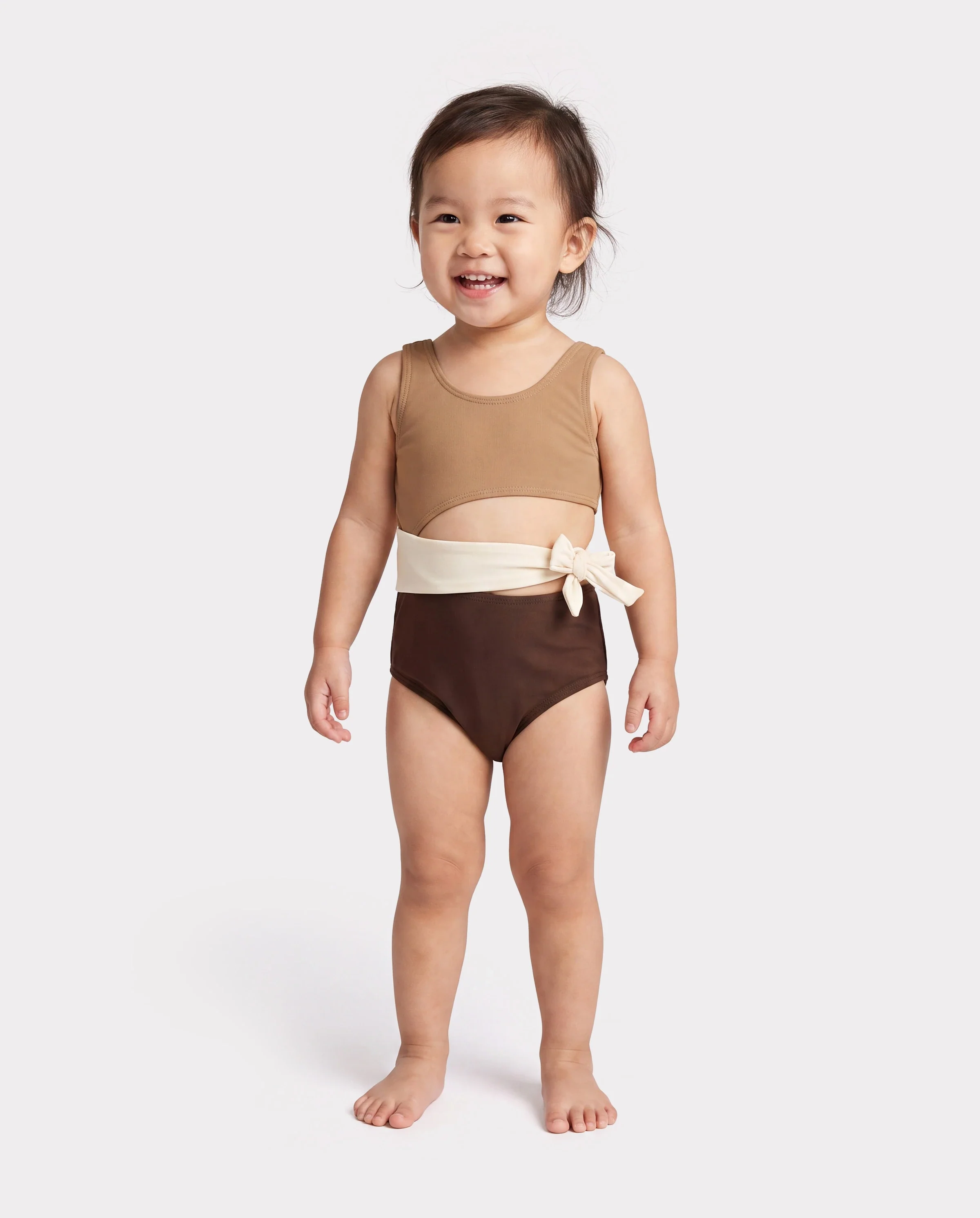 Family Matching Color Block Swimsuits, Mommy and Me One-Shoulder Cutout Bikini Set, Daddy and Son Color Block Swim Trunks, Summer Beach Vacation Swimwear Coffee - Image 3