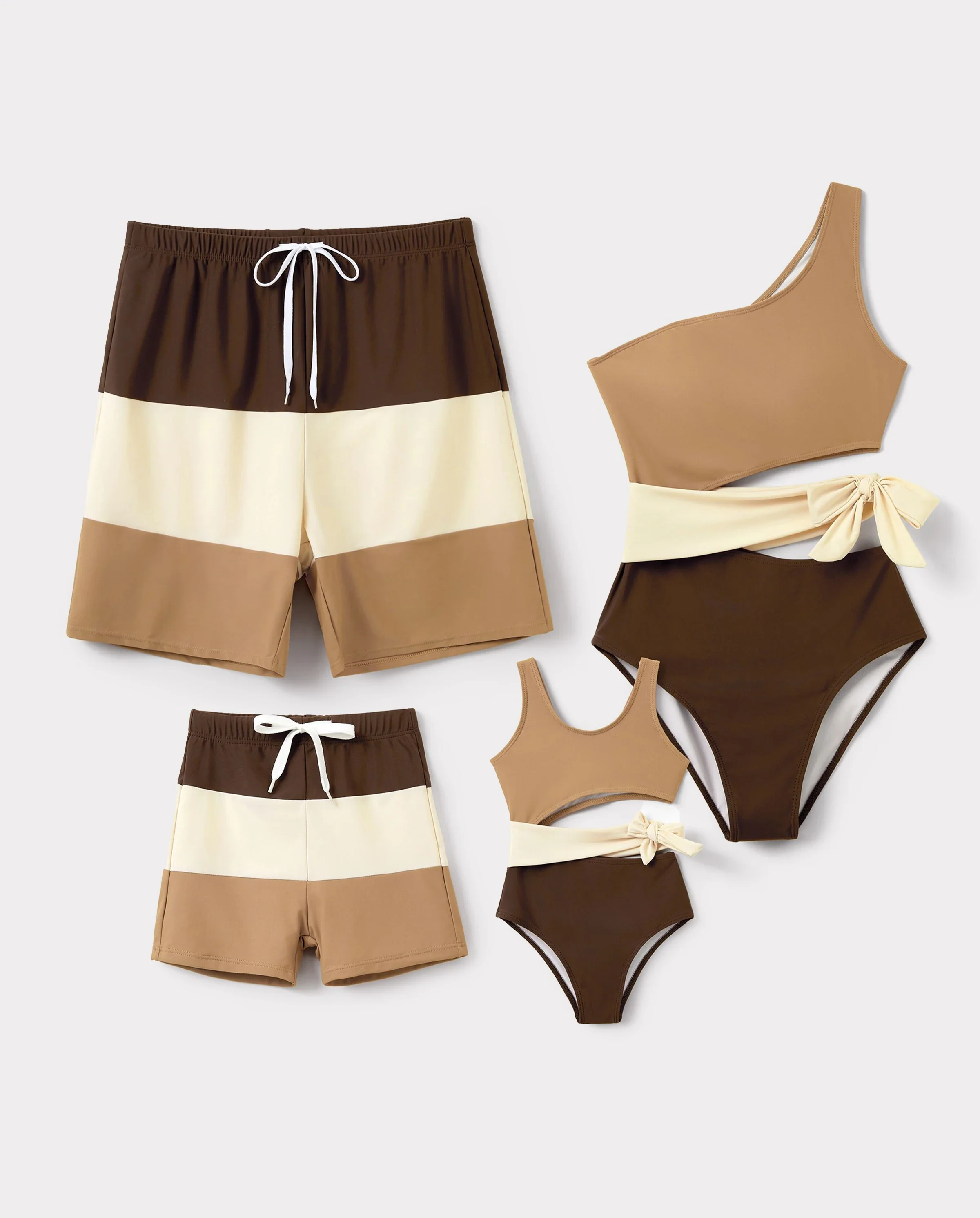 Family Matching Color Block Swimsuits, Mommy and Me One-Shoulder Cutout Bikini Set, Daddy and Son Color Block Swim Trunks, Summer Beach Vacation Swimwear Coffee - Image 9