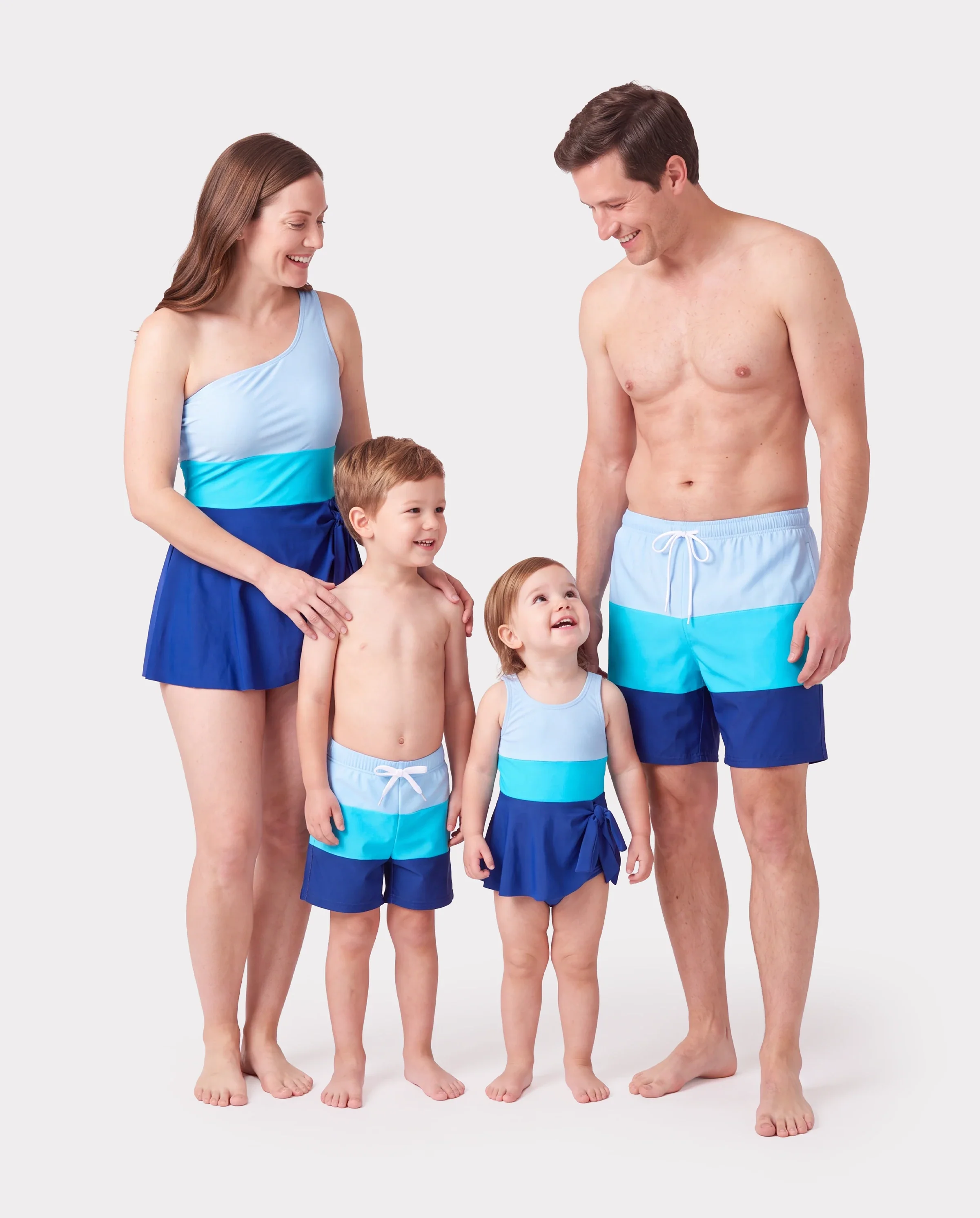 Family Matching Color Block Swimsuits One Shoulder Swim Dress / Swim Trunks Set Blue