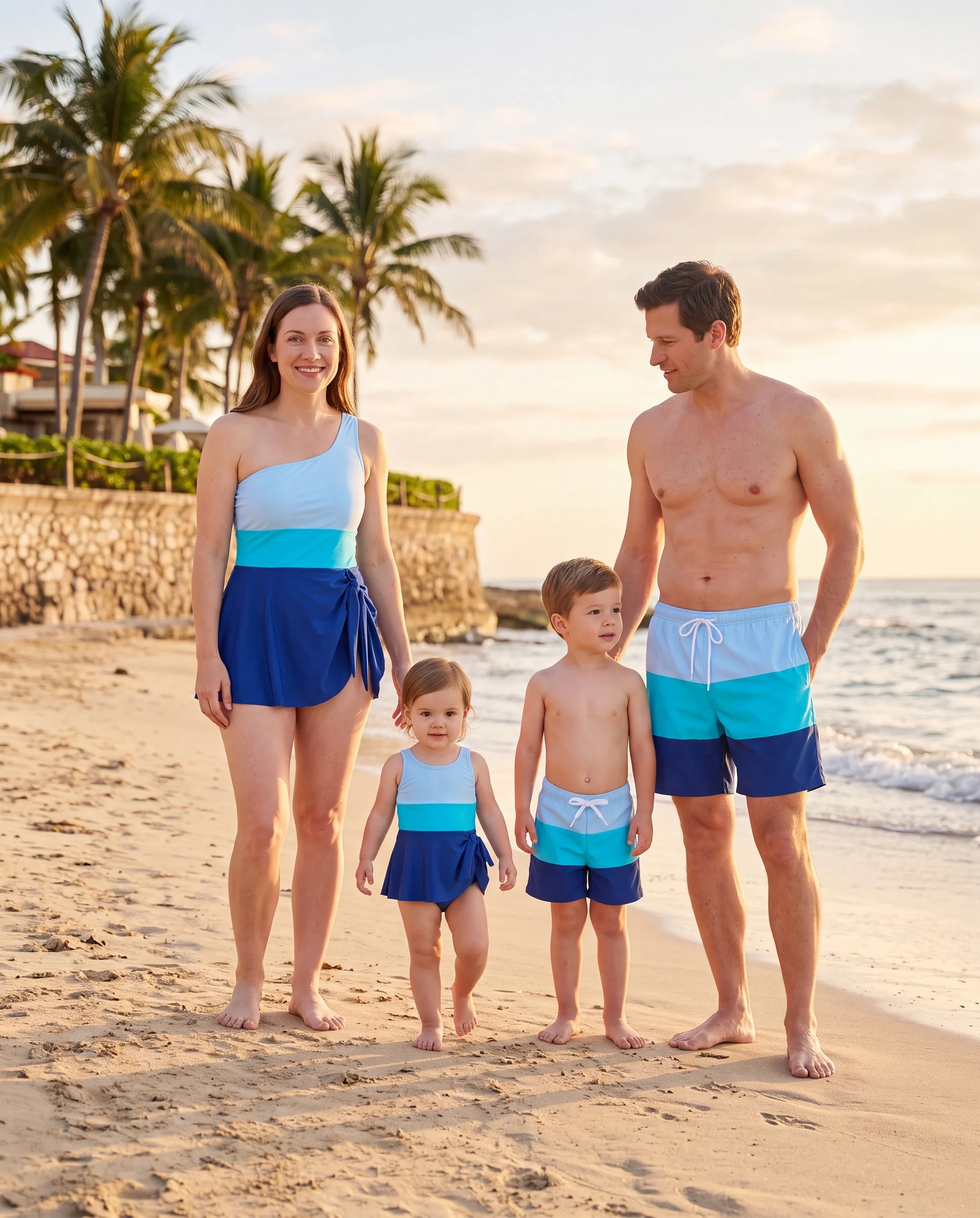 Family Matching Color Block Swimsuits One Shoulder Swim Dress / Swim Trunks Set Blue - Image 10