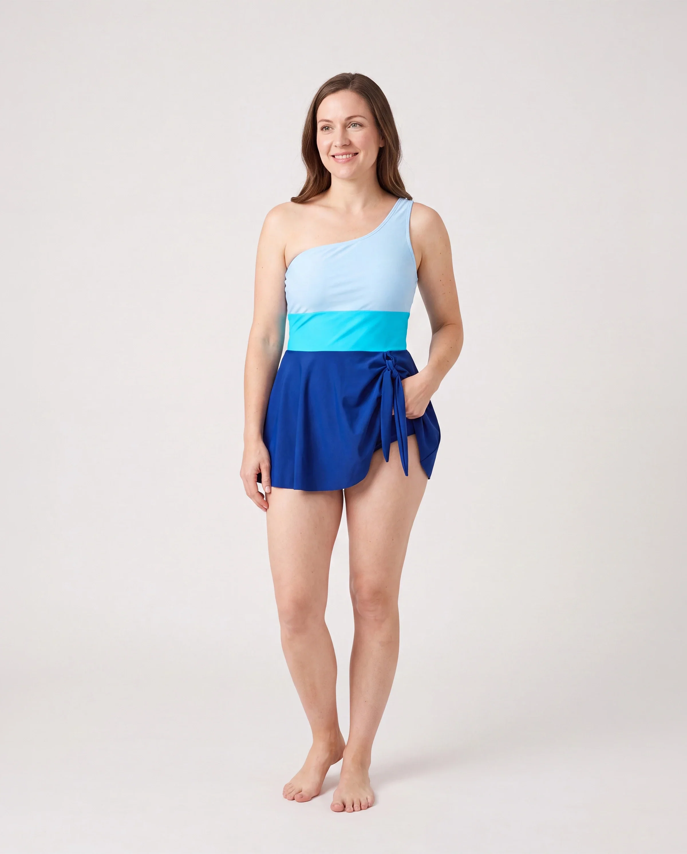 Family Matching Color Block Swimsuits One Shoulder Swim Dress / Swim Trunks Set Blue - Image 2