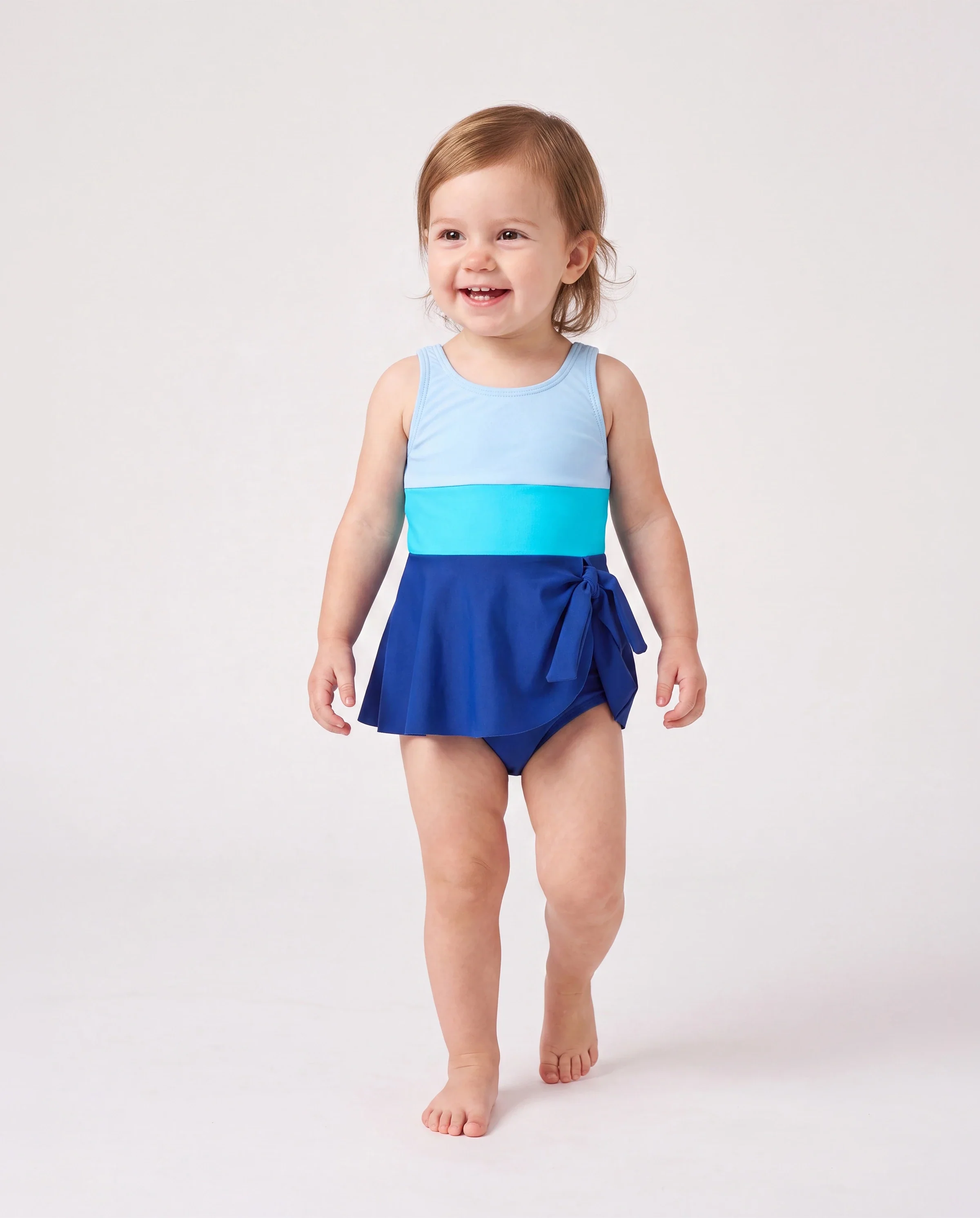 Family Matching Color Block Swimsuits One Shoulder Swim Dress / Swim Trunks Set Blue - Image 3