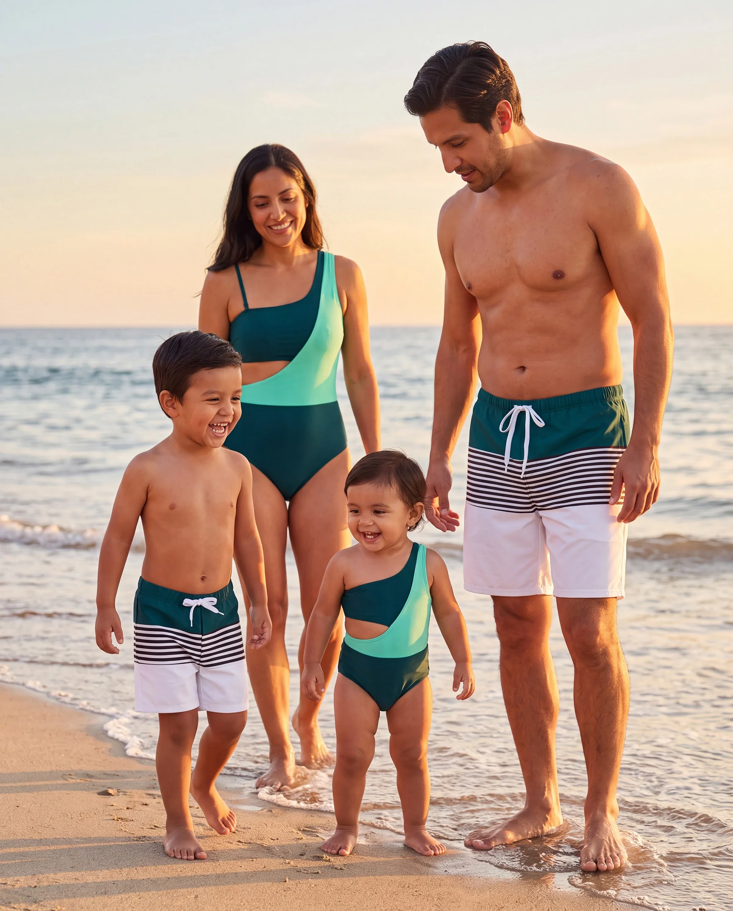 Family Matching Colorblock One Shoulder Cut Out One-piece Swimsuit and Striped Spliced Swim Trunks Shorts DeepTurquoise - Image 10