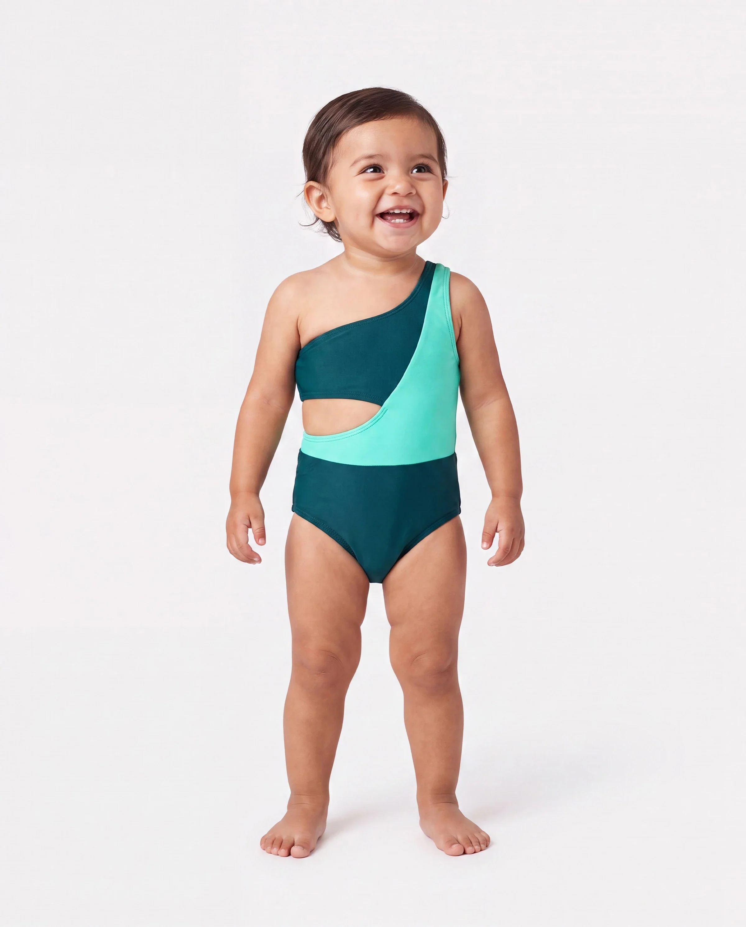 Family Matching Colorblock One Shoulder Cut Out One-piece Swimsuit and Striped Spliced Swim Trunks Shorts DeepTurquoise - Image 3