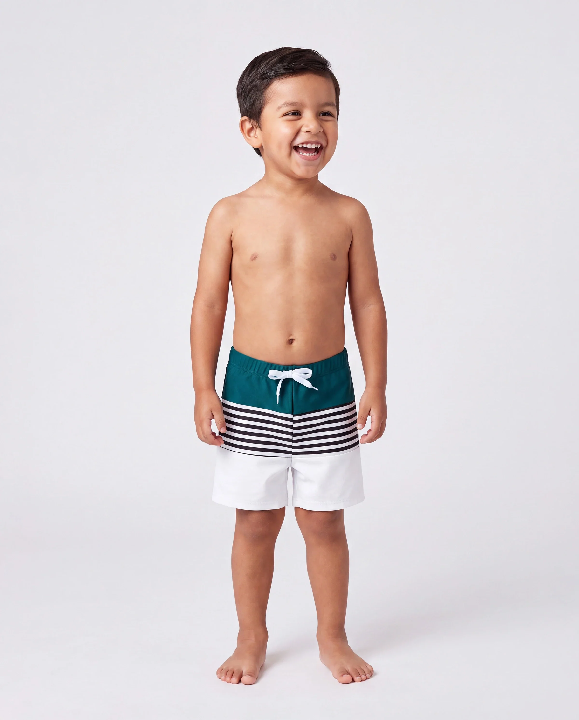 Family Matching Colorblock One Shoulder Cut Out One-piece Swimsuit and Striped Spliced Swim Trunks Shorts DeepTurquoise - Image 4