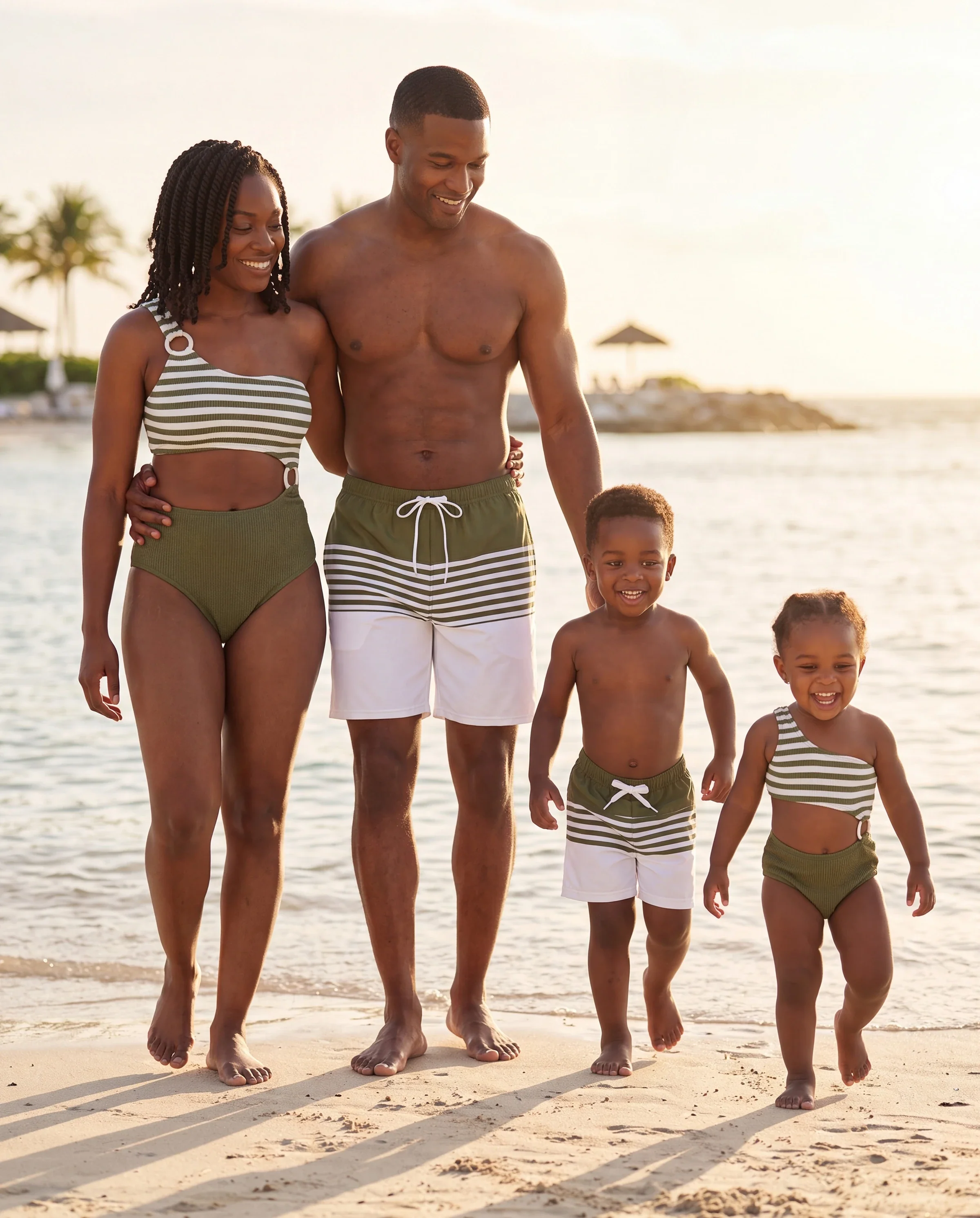 Family Matching Colorblock Stripe Swim Trunks or One Piece One Shoulder Swimsuit Army green - Image 10