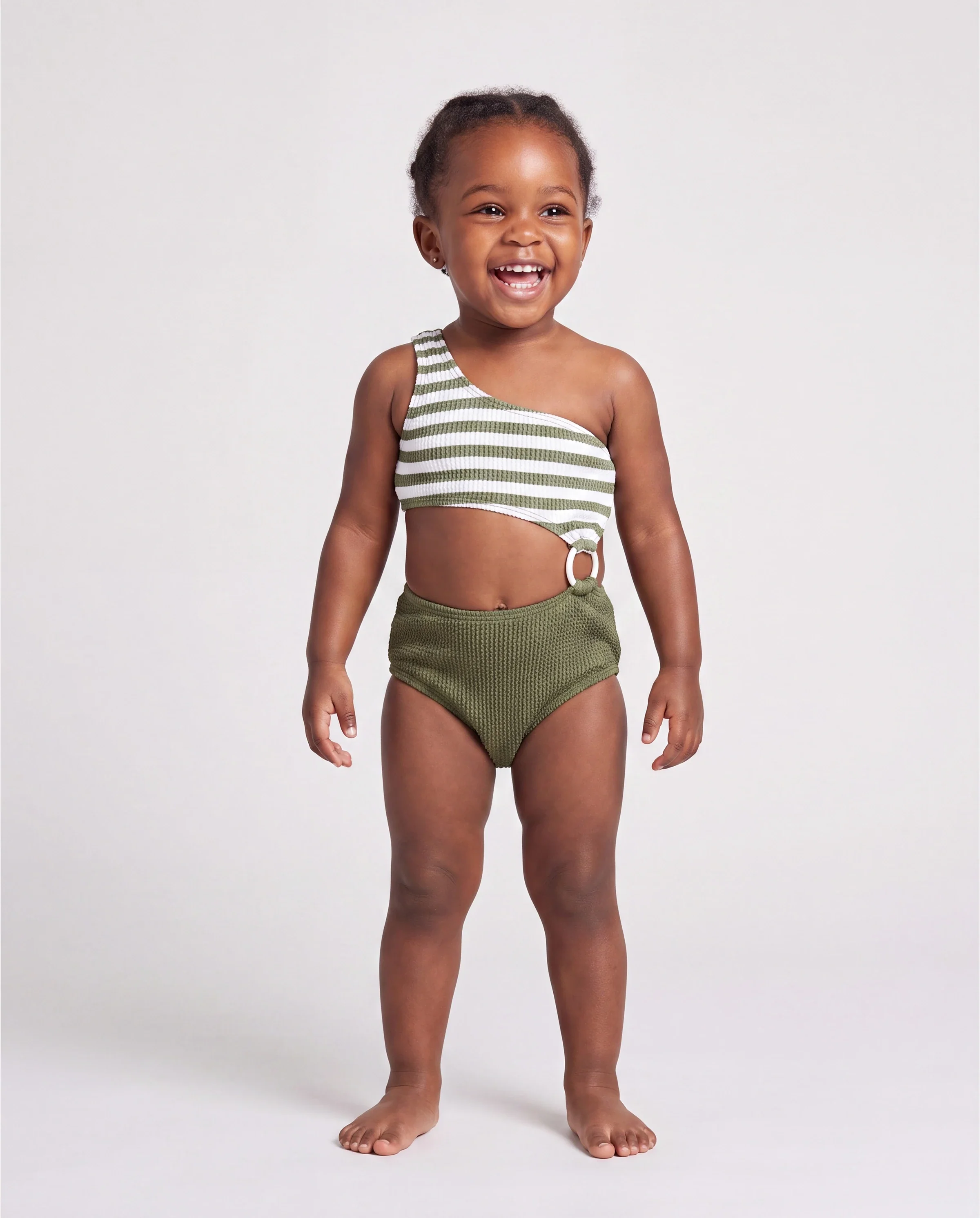 Family Matching Colorblock Stripe Swim Trunks or One Piece One Shoulder Swimsuit Army green - Image 3