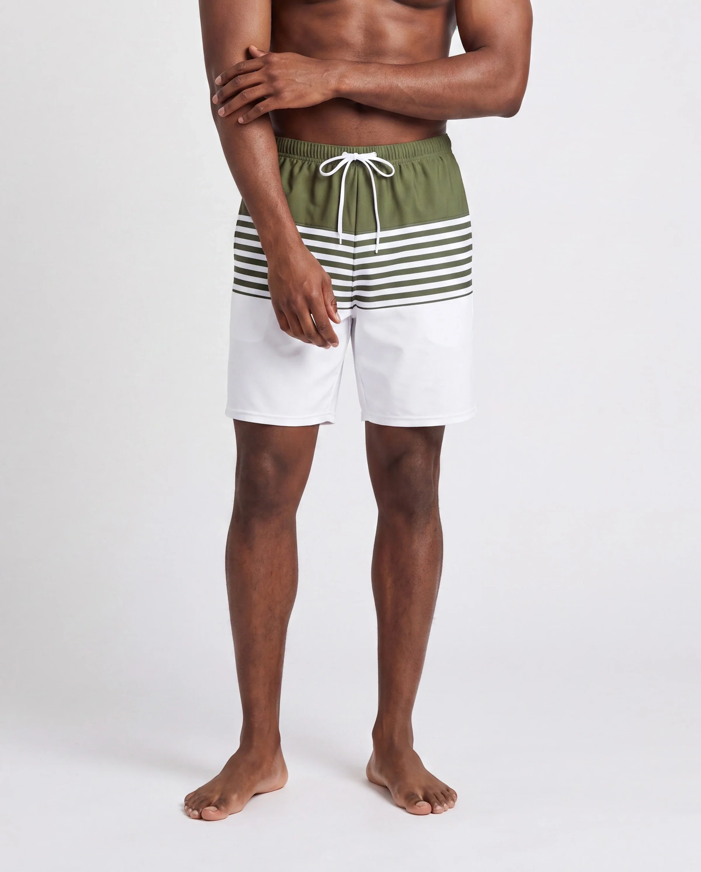 Family Matching Colorblock Stripe Swim Trunks or One Piece One Shoulder Swimsuit Army green - Image 5