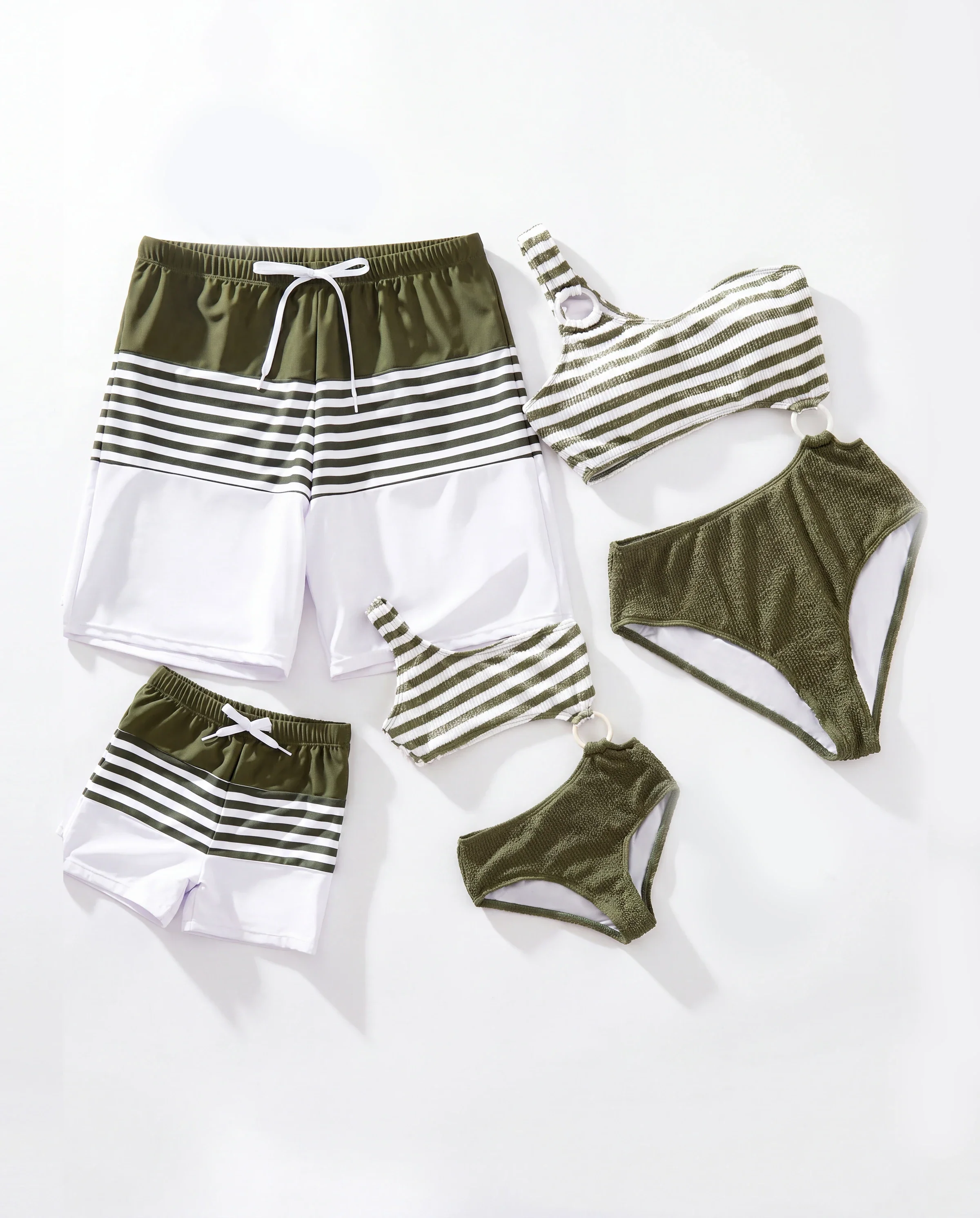 Family Matching Colorblock Stripe Swim Trunks or One Piece One Shoulder Swimsuit Army green - Image 9