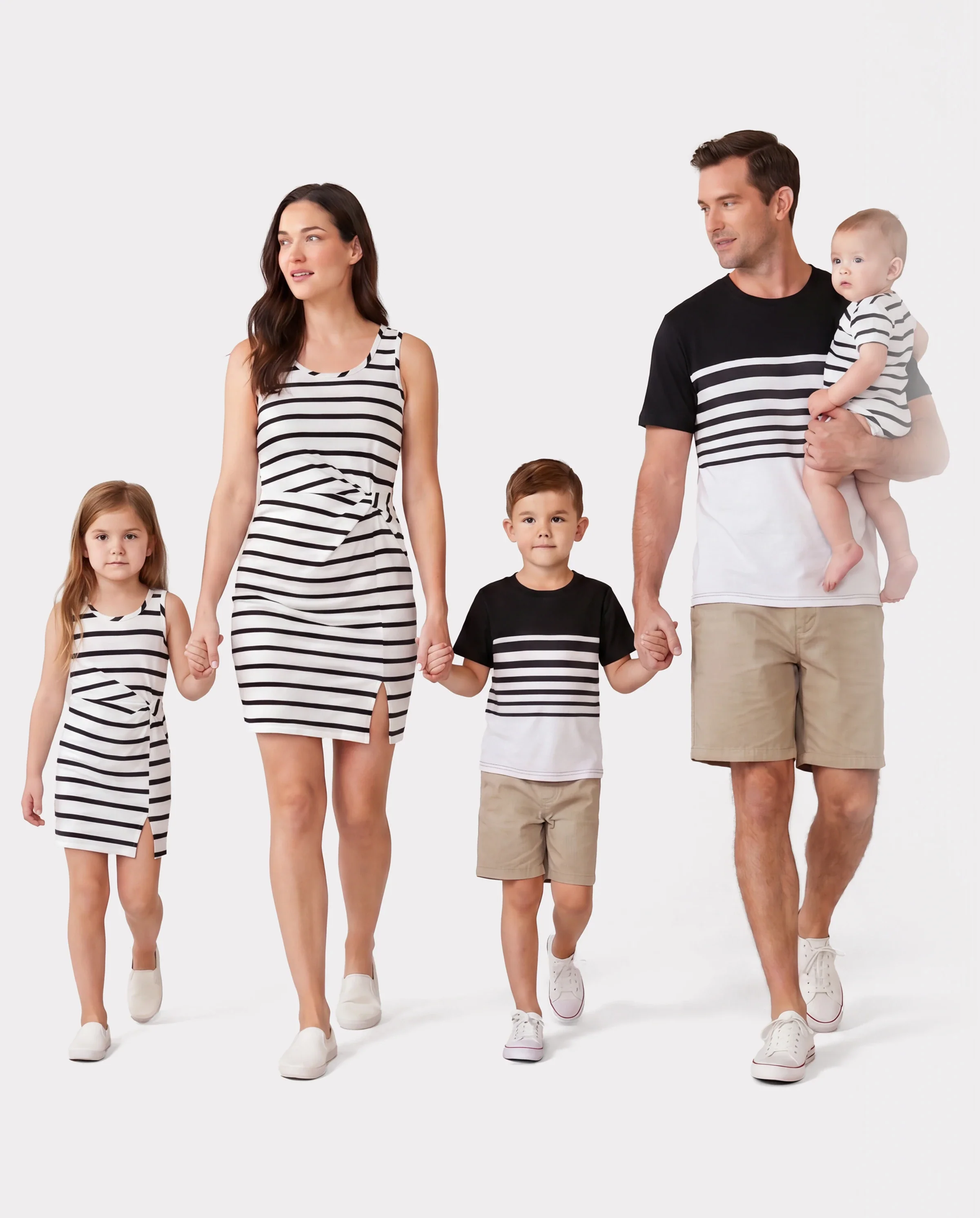 Family Matching Cotton Set Black and White Stripe T-shirt or Strap Bodycon Dress Black+White