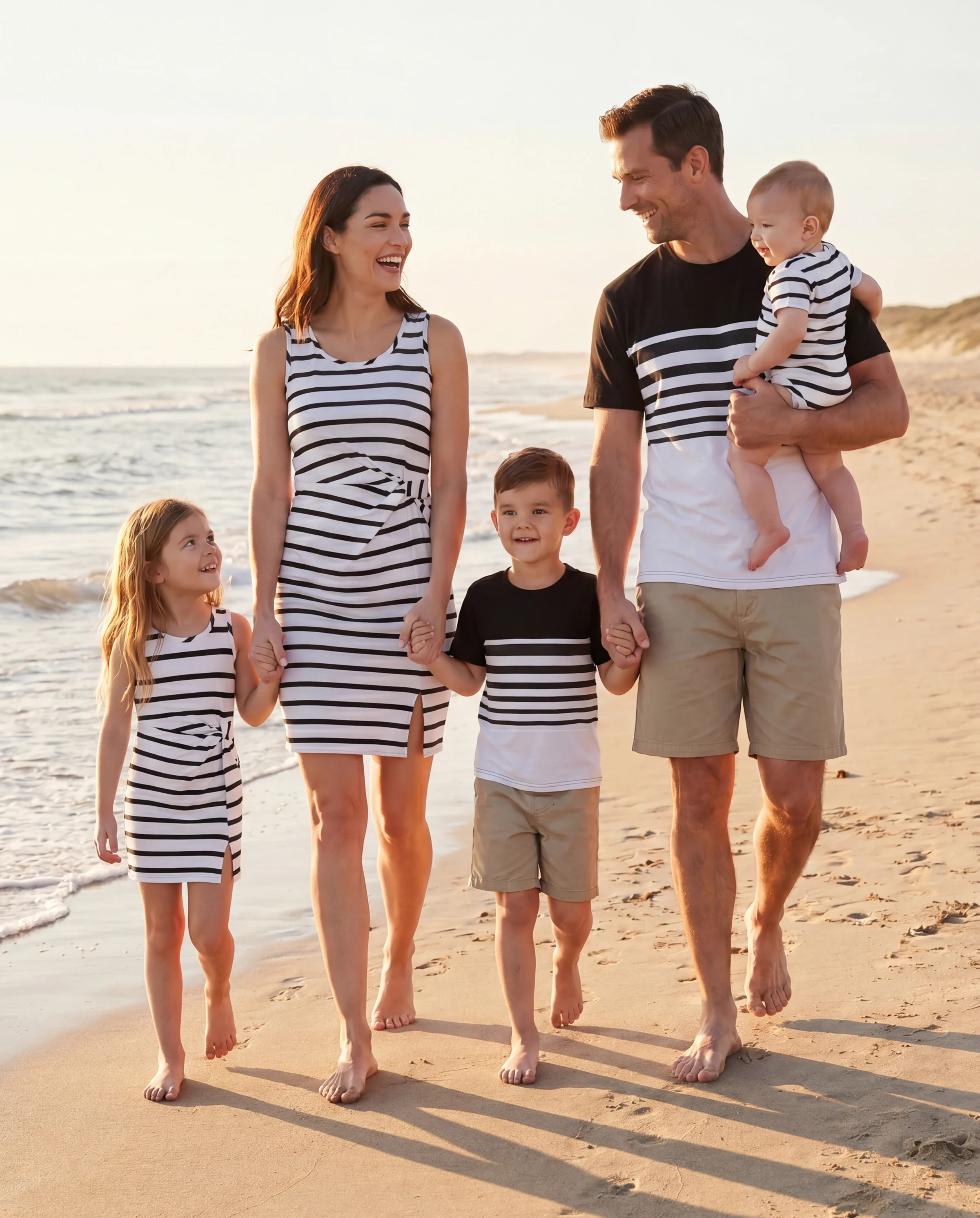 Family Matching Cotton Set Black and White Stripe T-shirt or Strap Bodycon Dress Black+White - Image 10