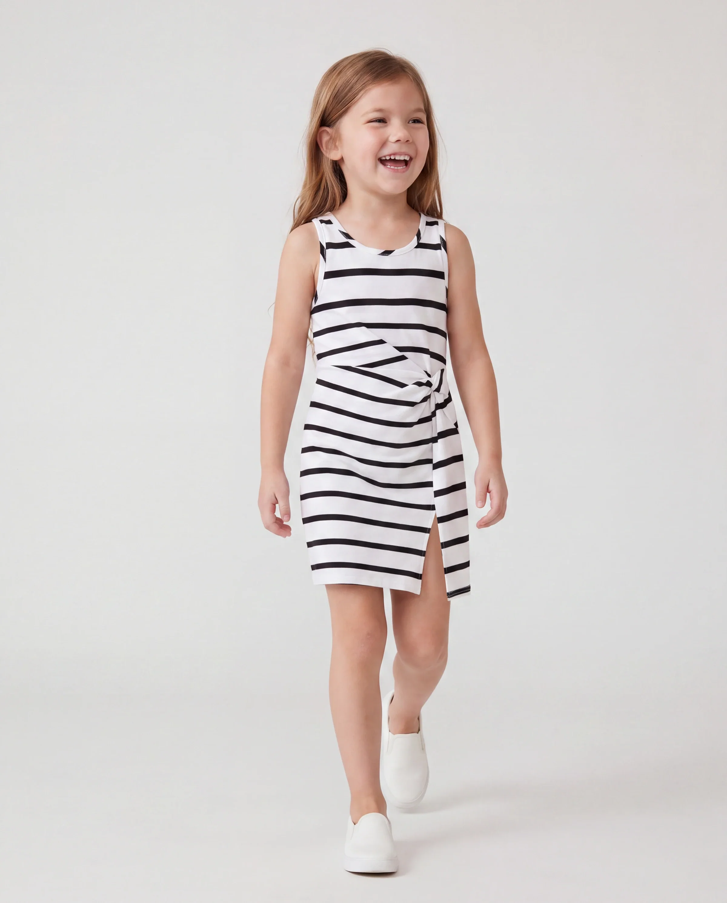 Family Matching Cotton Set Black and White Stripe T-shirt or Strap Bodycon Dress Black+White - Image 3