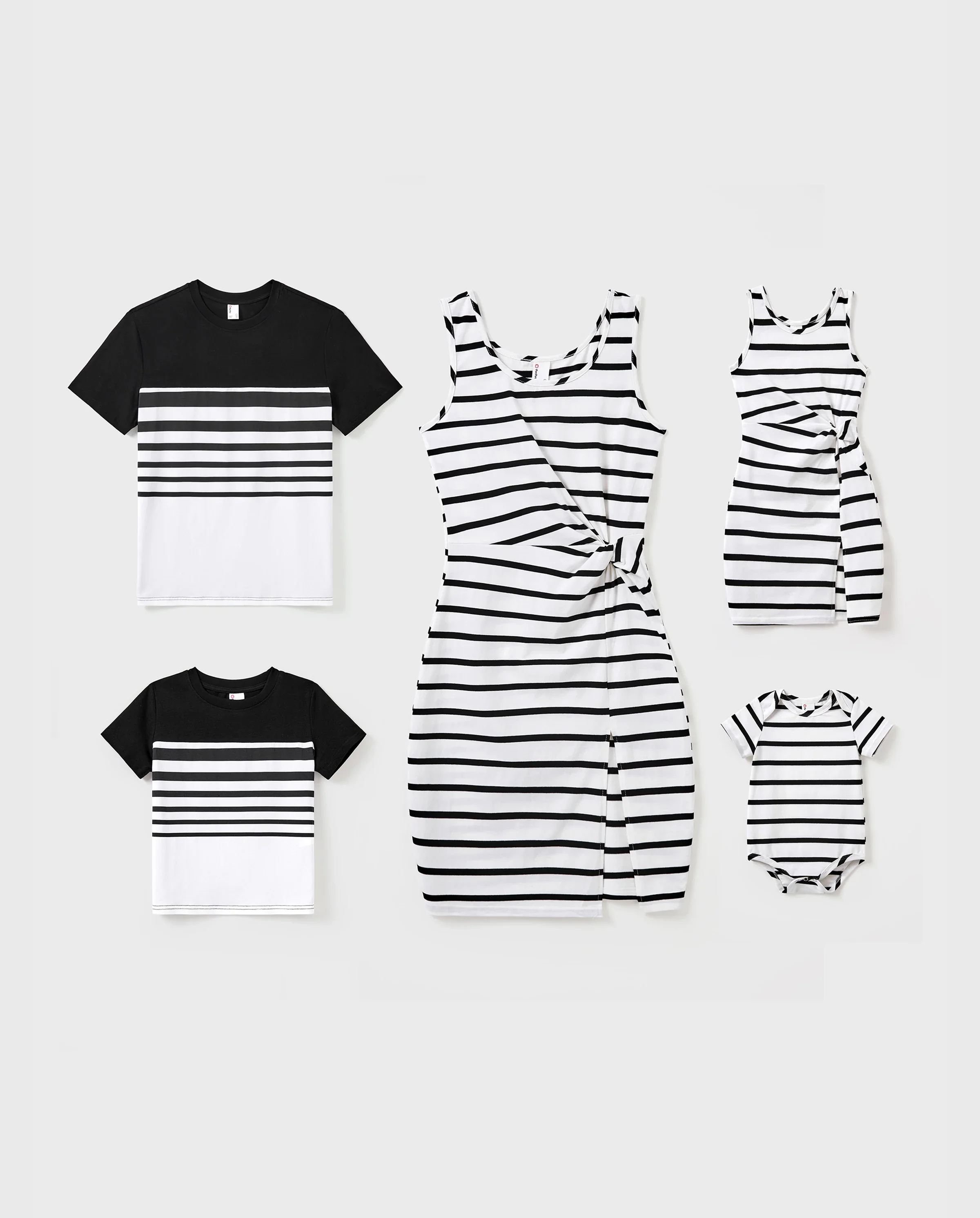 Family Matching Cotton Set Black and White Stripe T-shirt or Strap Bodycon Dress Black+White - Image 9