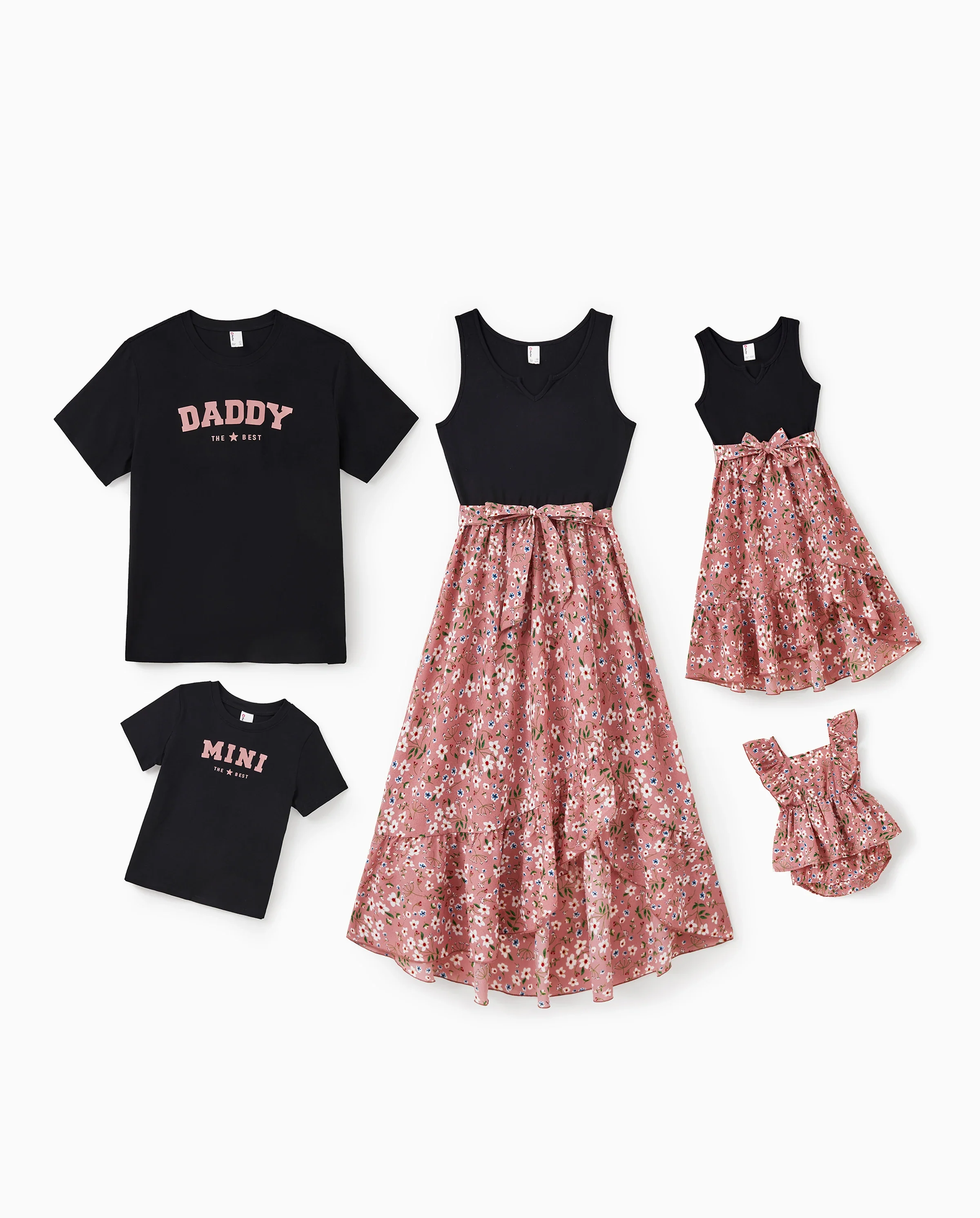 Family Matching Cotton T-Shirt & Dress Set Daddy / Mini Print Black Tee for Dad and boy, Floral Print splicing Dress for Mom, girl and Baby, Perfect for Summer Family Outings Black - Image 10