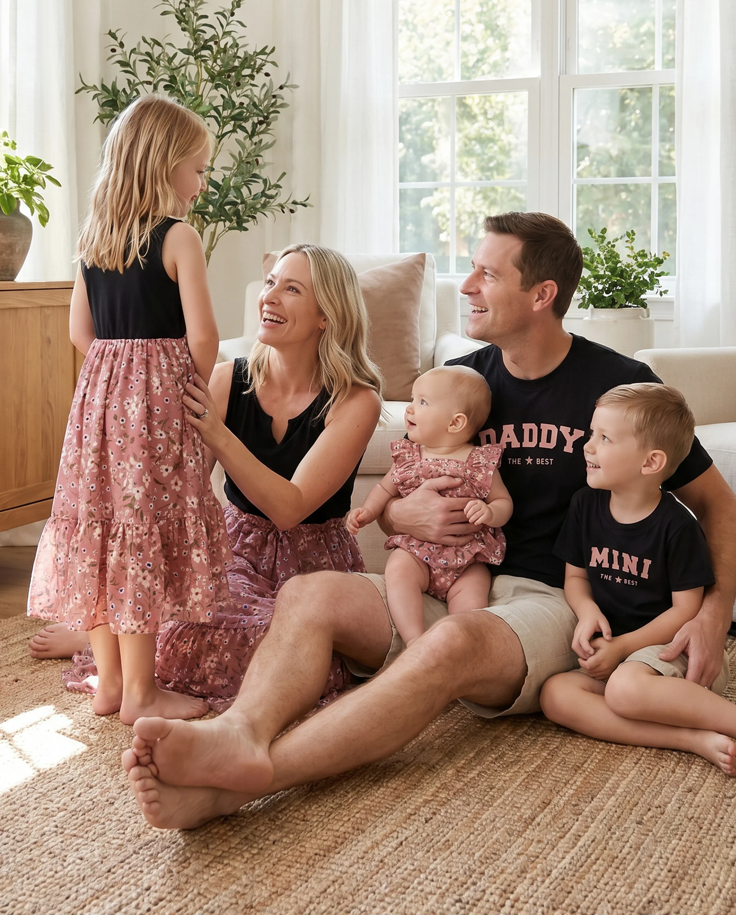 Family Matching Cotton T-Shirt & Dress Set Daddy / Mini Print Black Tee for Dad and boy, Floral Print splicing Dress for Mom, girl and Baby, Perfect for Summer Family Outings Black - Image 11