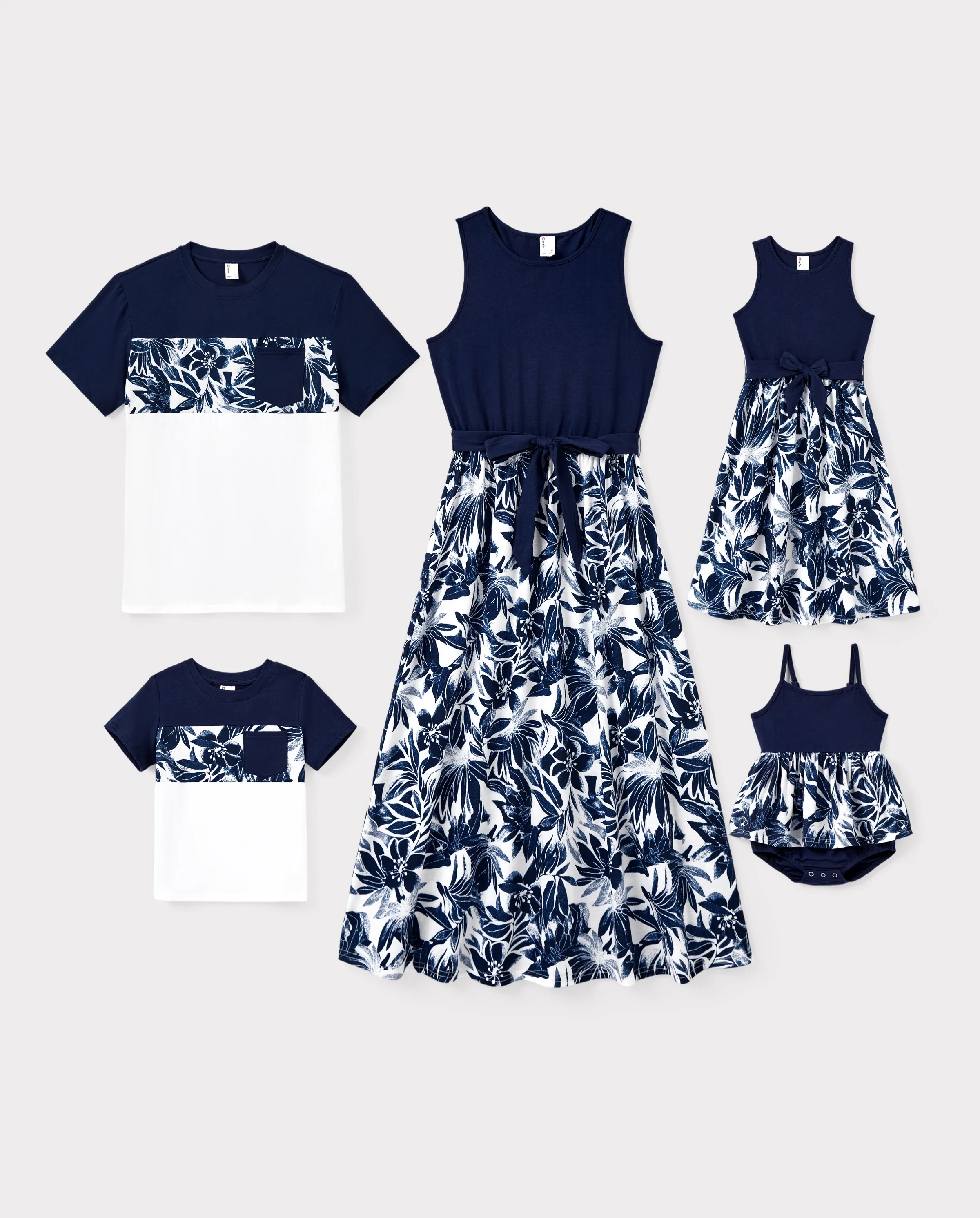 Family Matching Cotton Tee Flora Print Splicing Shirt or Tank Dress Deep Blue - Image 10