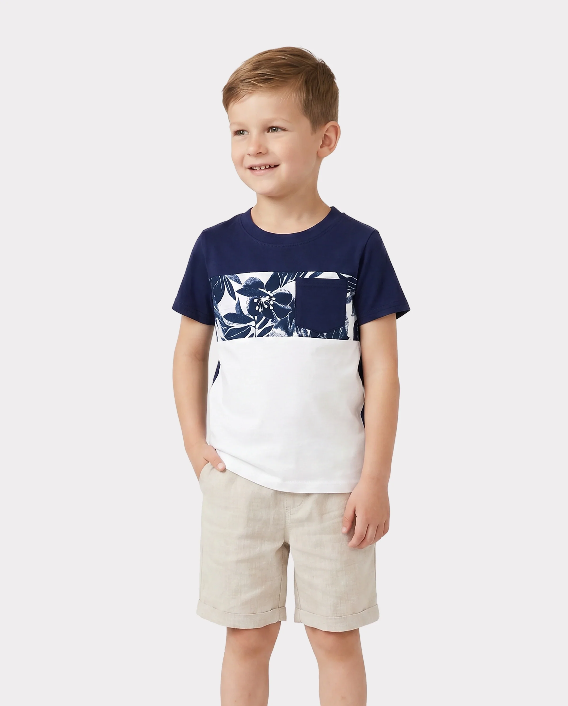 Family Matching Cotton Tee Flora Print Splicing Shirt or Tank Dress Deep Blue - Image 5