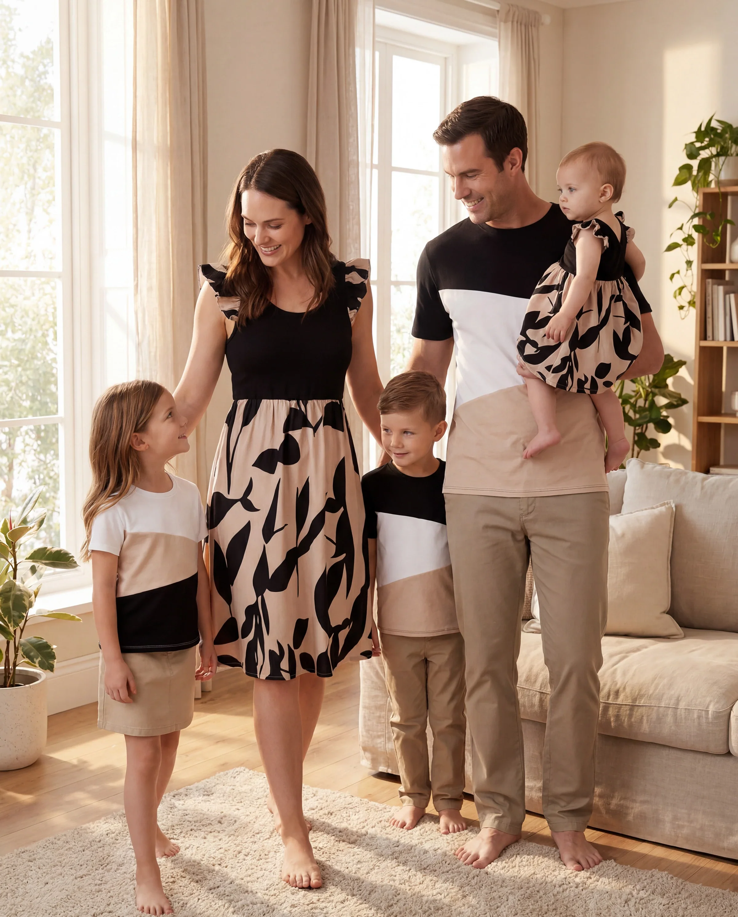 Family Matching Cross Back Floral Strap Dress and Colorblock Top Sets Black - Image 11