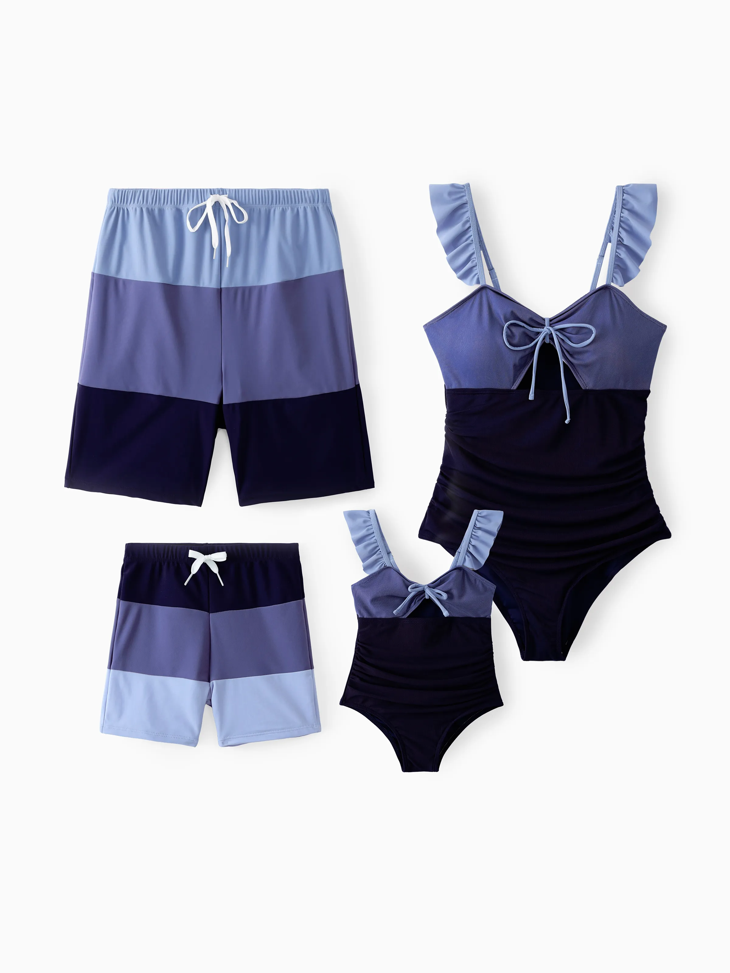 Family Matching Drawstring Swim Trunks or Ruched Bow Tie Cut Out Mesh Ruffle Strap One-Piece Swimsuit (Quick-Dry) MultiColour