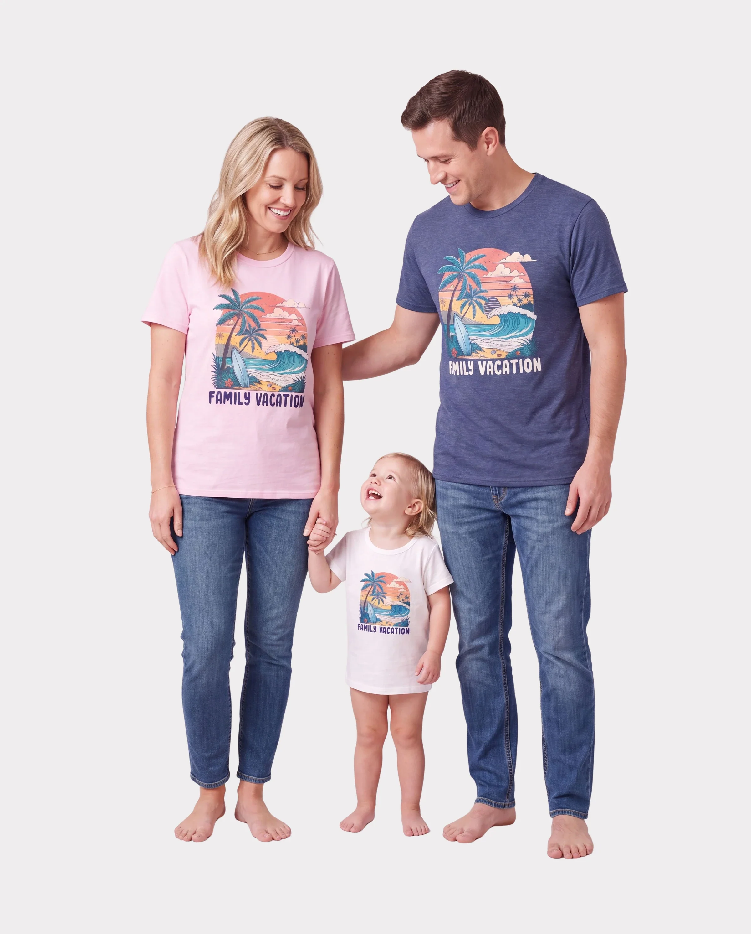 Family Matching "Family Vacation" Graphic Cotton Tees Tropical Surf Print T-Shirt Multi-color