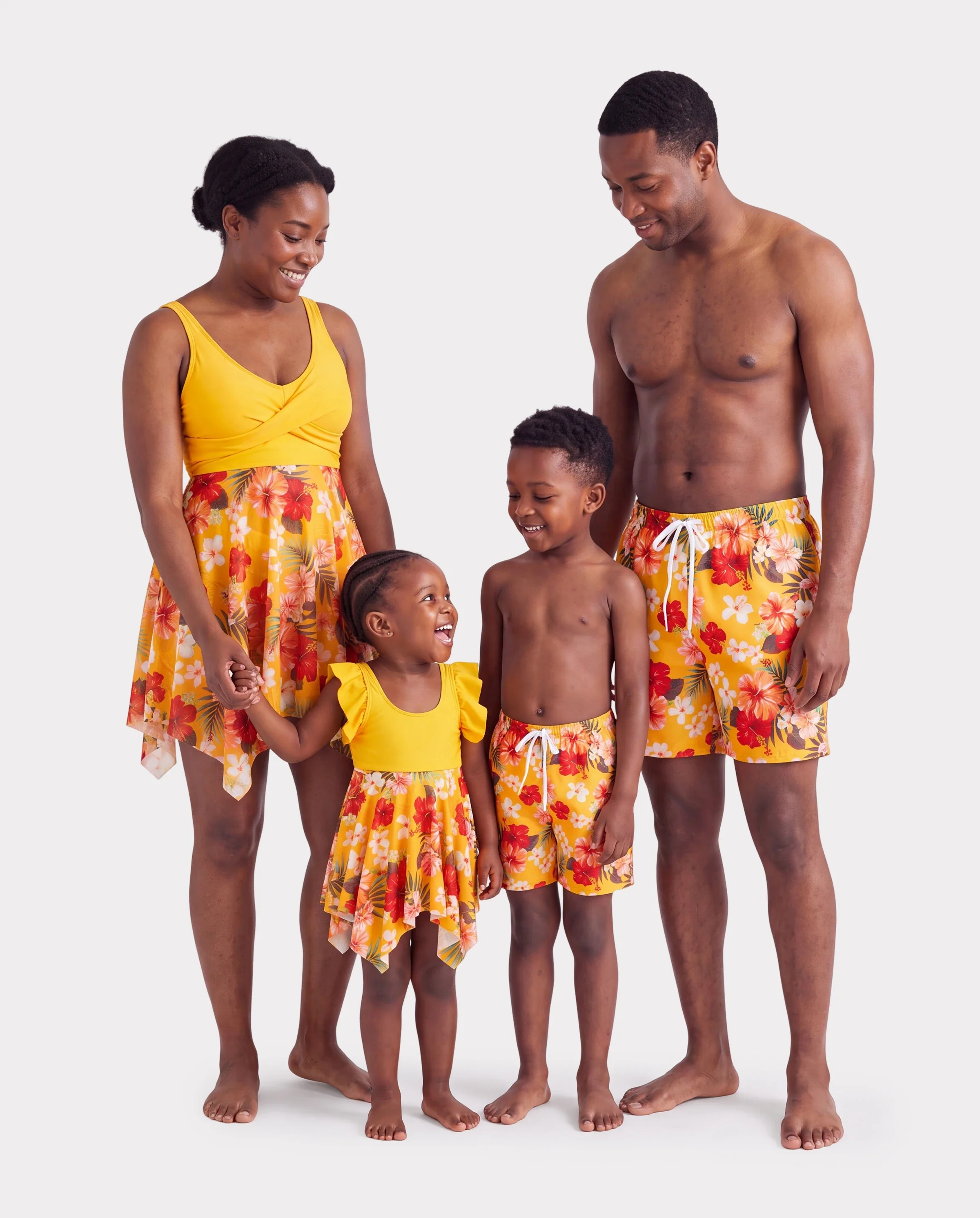 Family Matching Floral Drawstring Swim Trunks or Flowy Spliced Mesh Swim Dress with Triangle Swim Bottom Yellow