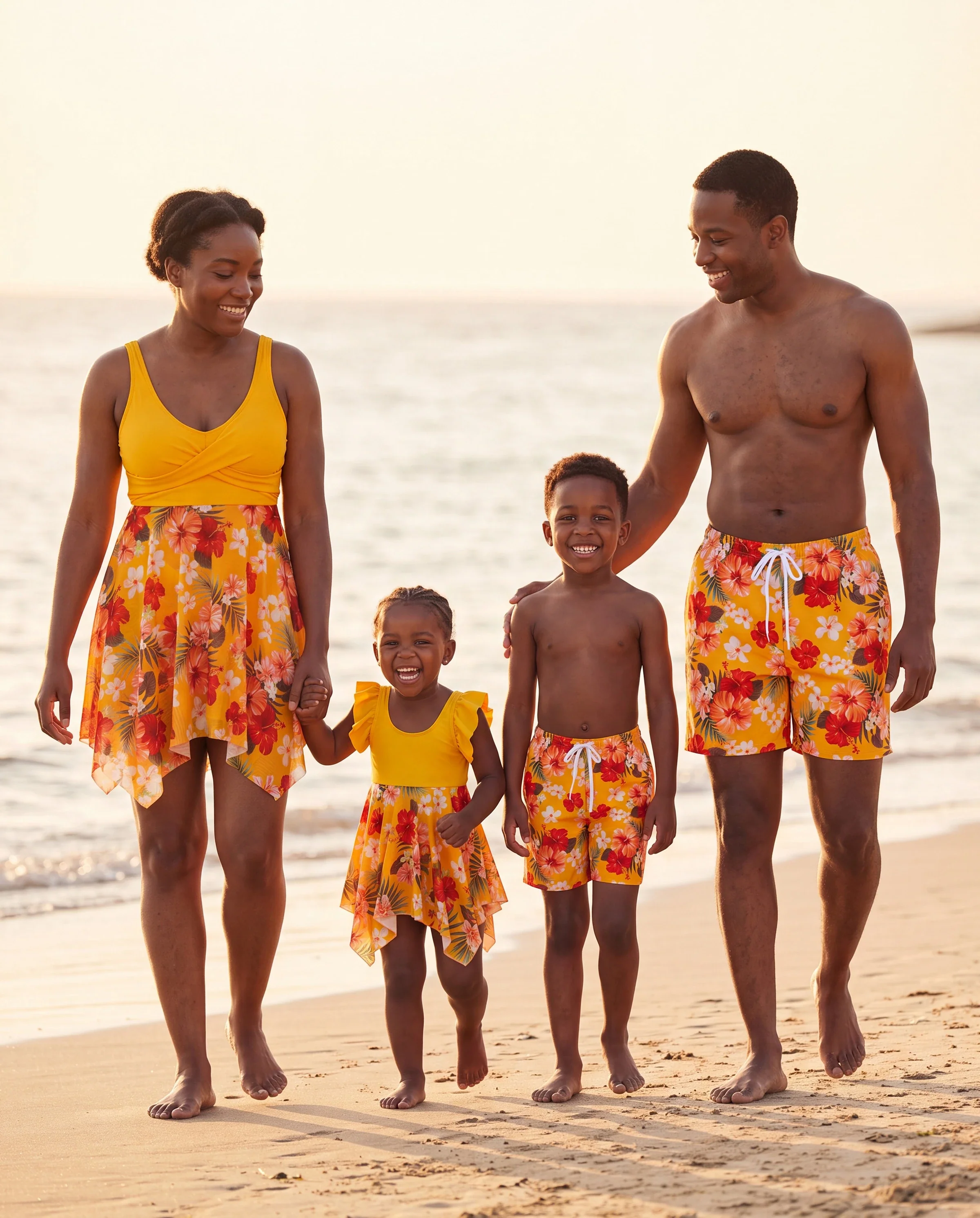 Family Matching Floral Drawstring Swim Trunks or Flowy Spliced Mesh Swim Dress with Triangle Swim Bottom Yellow - Image 10