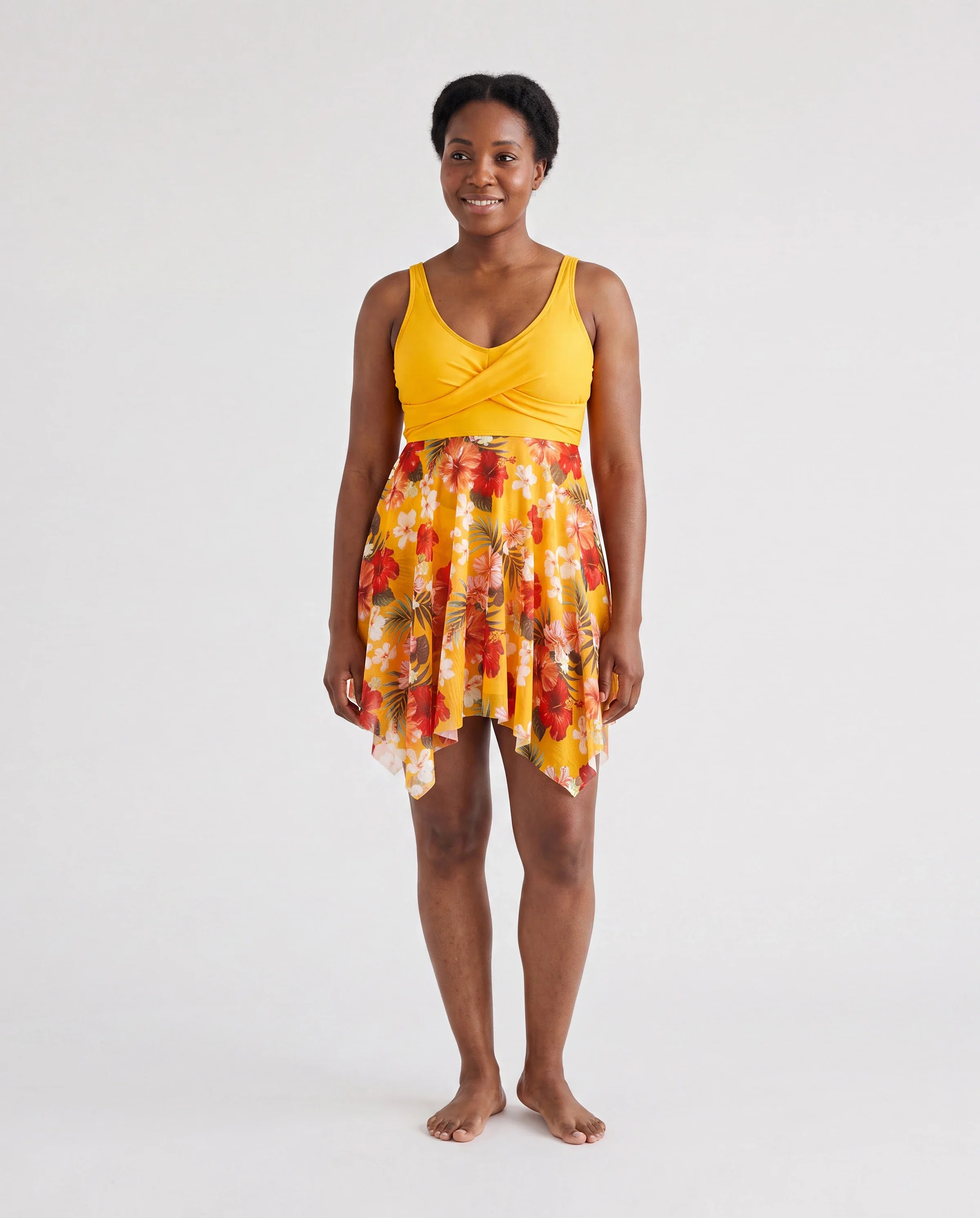 Family Matching Floral Drawstring Swim Trunks or Flowy Spliced Mesh Swim Dress with Triangle Swim Bottom Yellow - Image 2