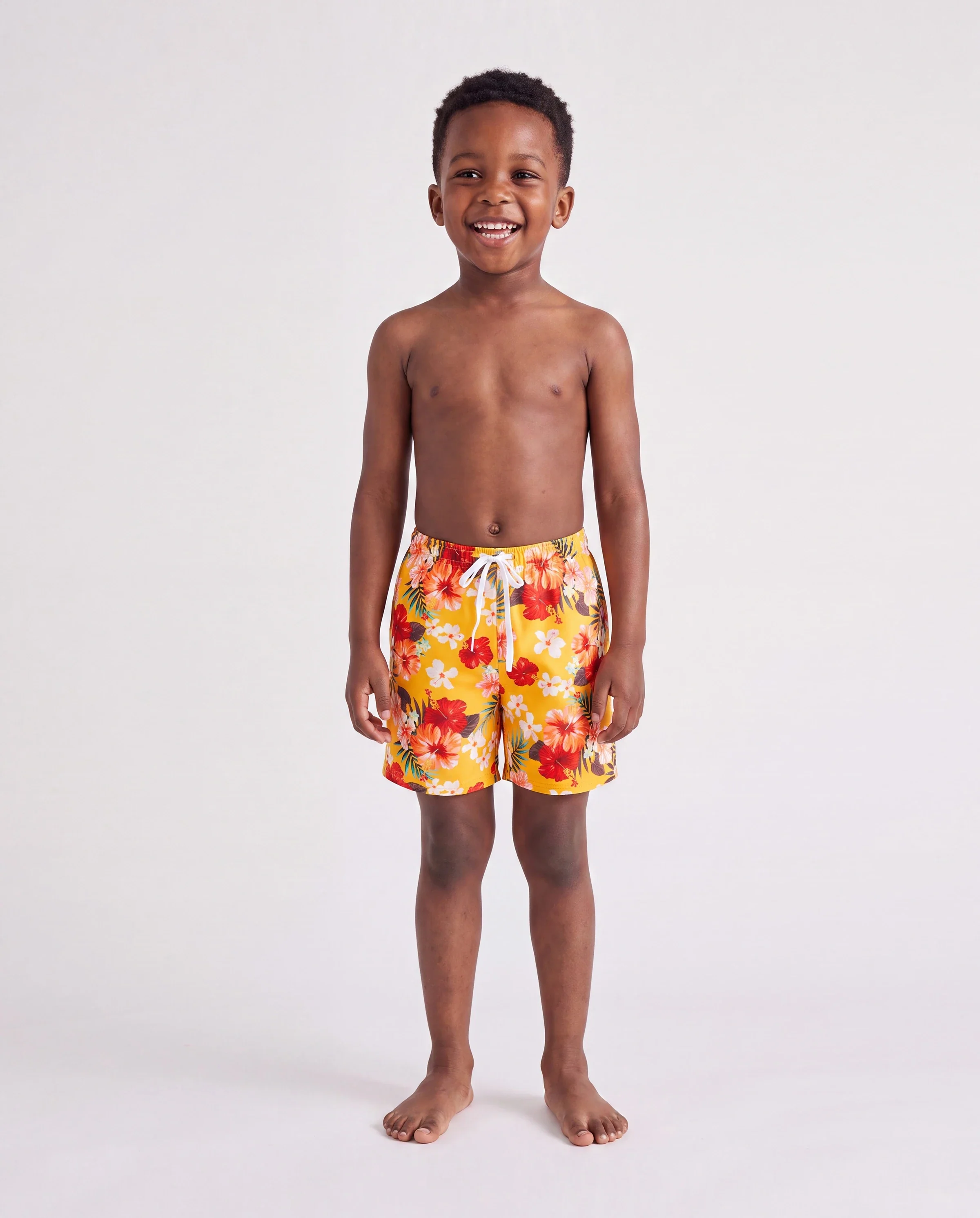 Family Matching Floral Drawstring Swim Trunks or Flowy Spliced Mesh Swim Dress with Triangle Swim Bottom Yellow - Image 4
