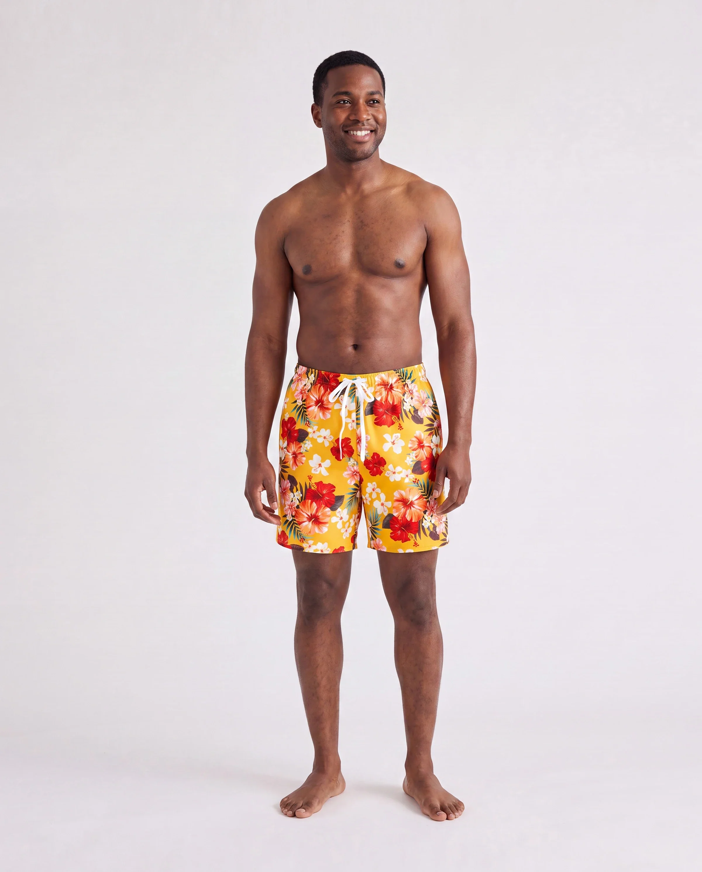 Family Matching Floral Drawstring Swim Trunks or Flowy Spliced Mesh Swim Dress with Triangle Swim Bottom Yellow - Image 5