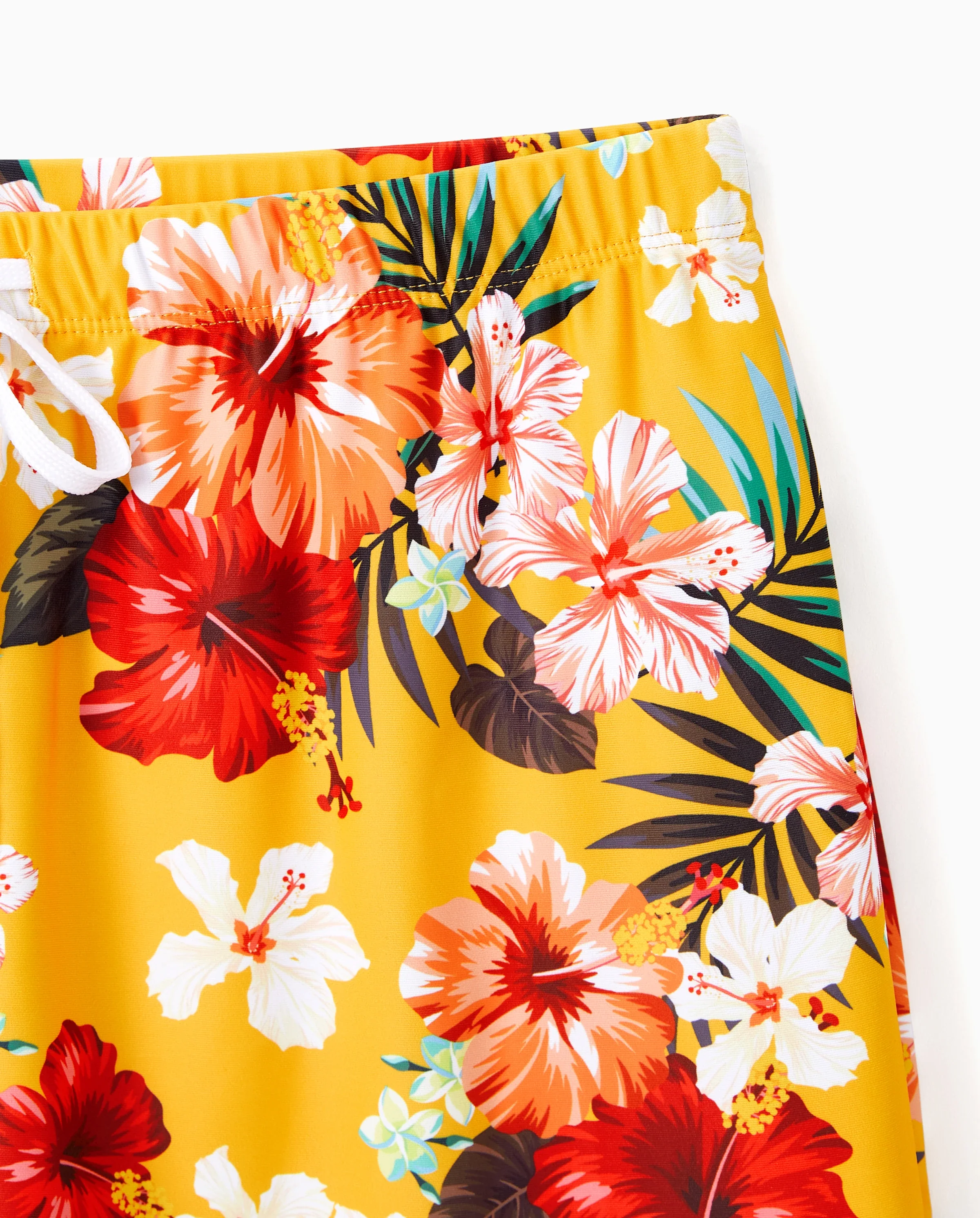 Family Matching Floral Drawstring Swim Trunks or Flowy Spliced Mesh Swim Dress with Triangle Swim Bottom Yellow - Image 7