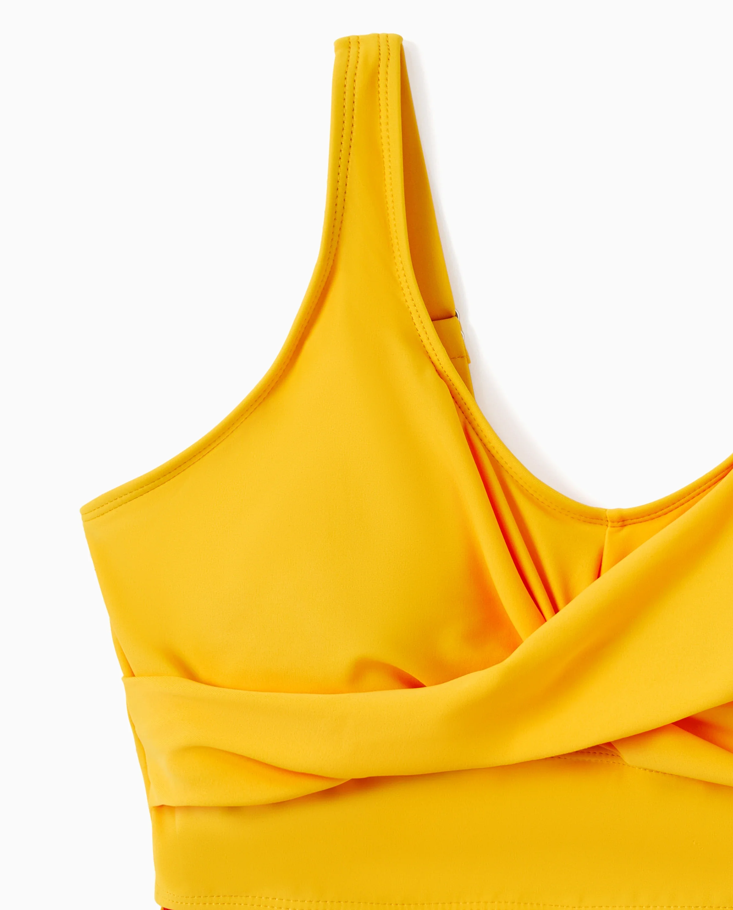 Family Matching Floral Drawstring Swim Trunks or Flowy Spliced Mesh Swim Dress with Triangle Swim Bottom Yellow - Image 8