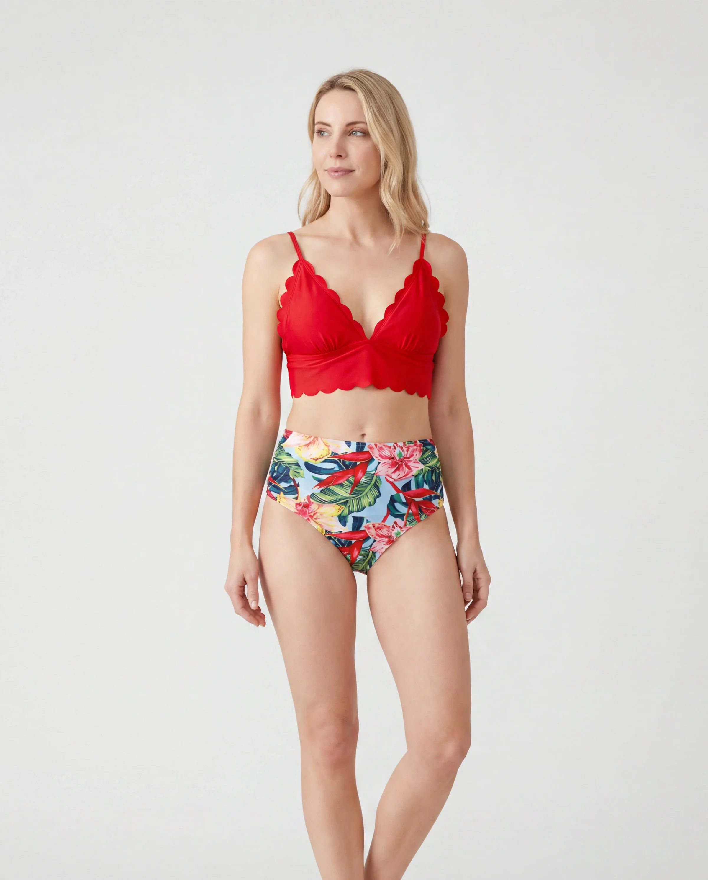 Family Matching Floral Drawstring Swim Trunks or Ruched Shell Edge Bikini with Optional Swim Cover Up Red - Image 2
