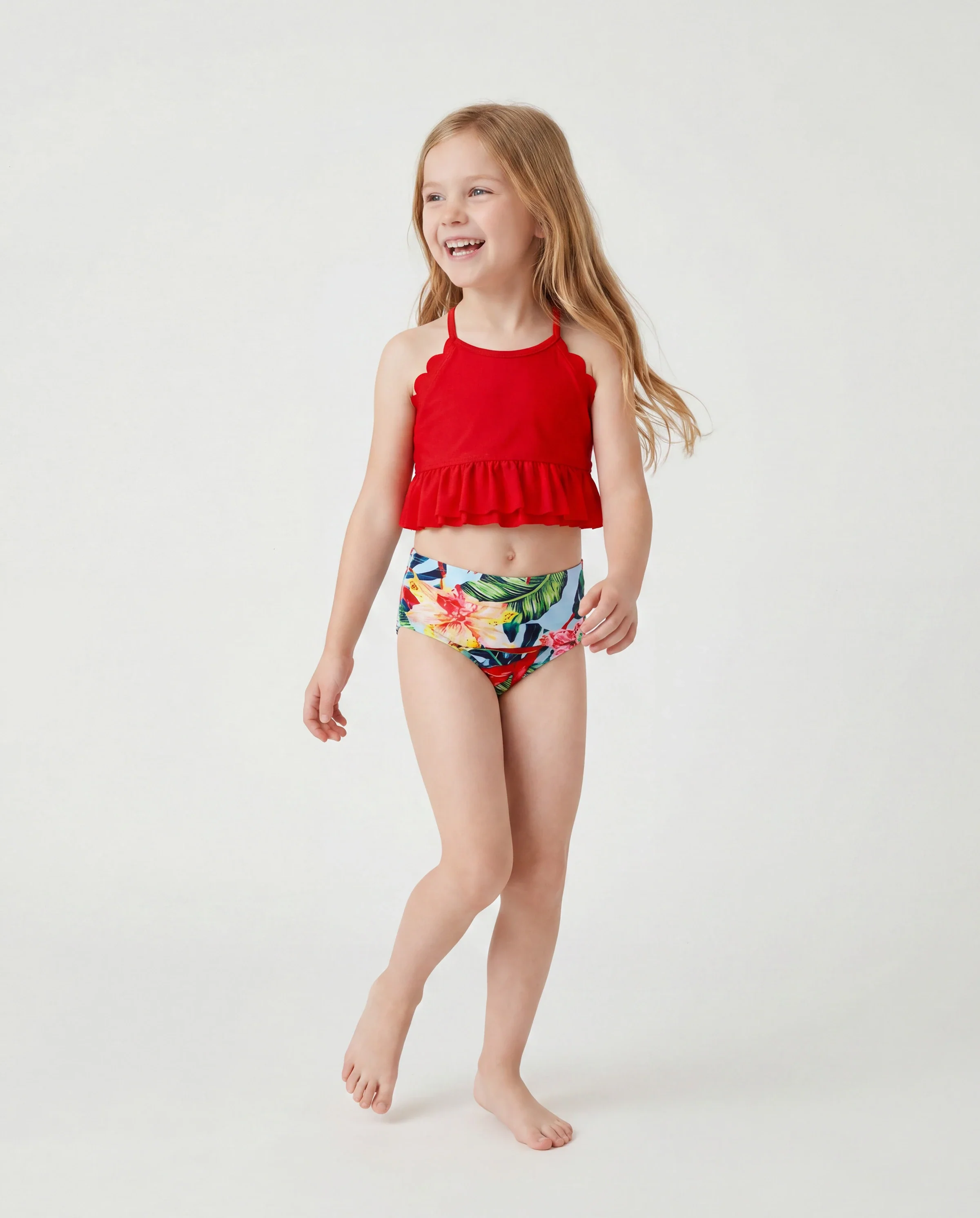 Family Matching Floral Drawstring Swim Trunks or Ruched Shell Edge Bikini with Optional Swim Cover Up Red - Image 3
