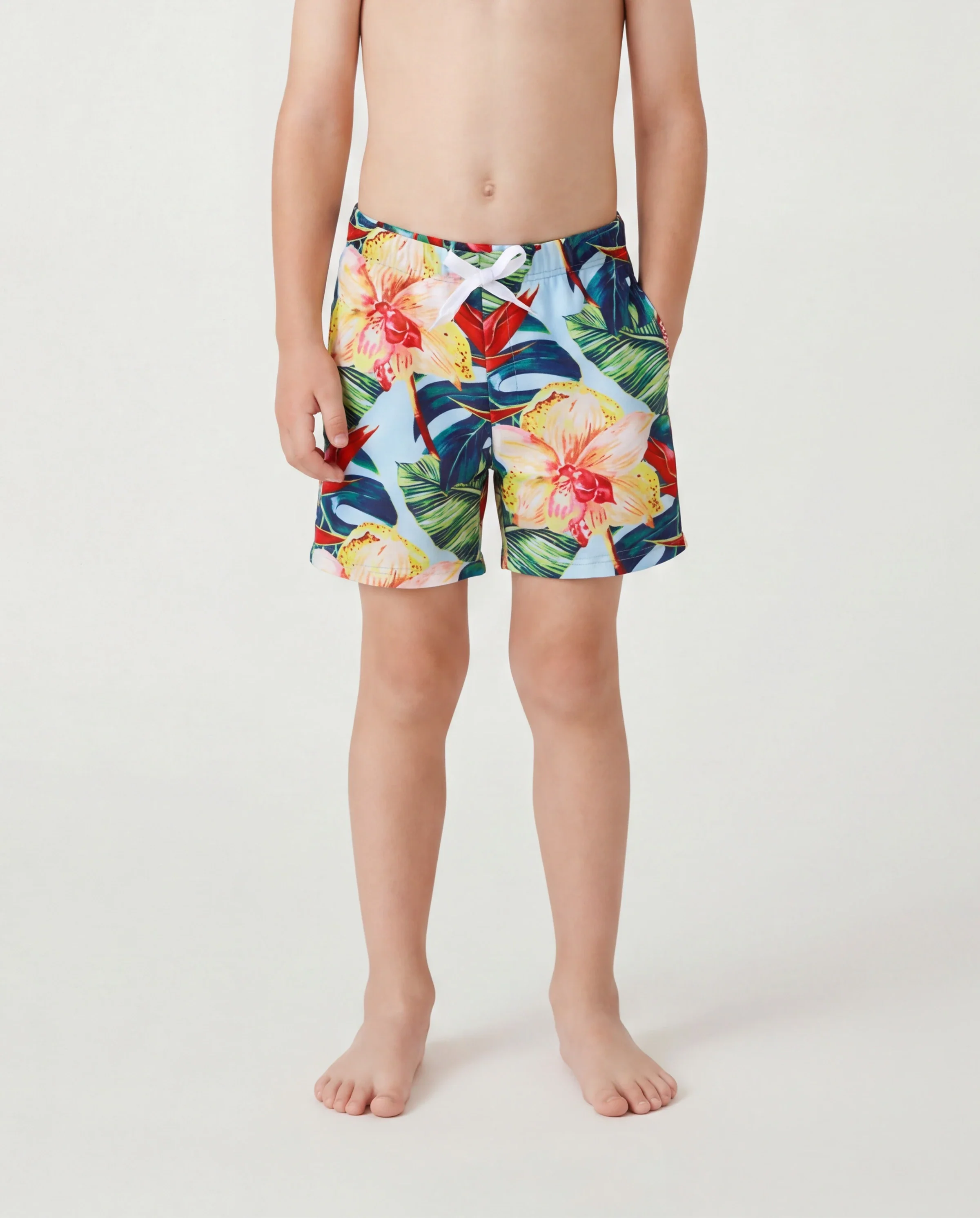 Family Matching Floral Drawstring Swim Trunks or Ruched Shell Edge Bikini with Optional Swim Cover Up Red - Image 4