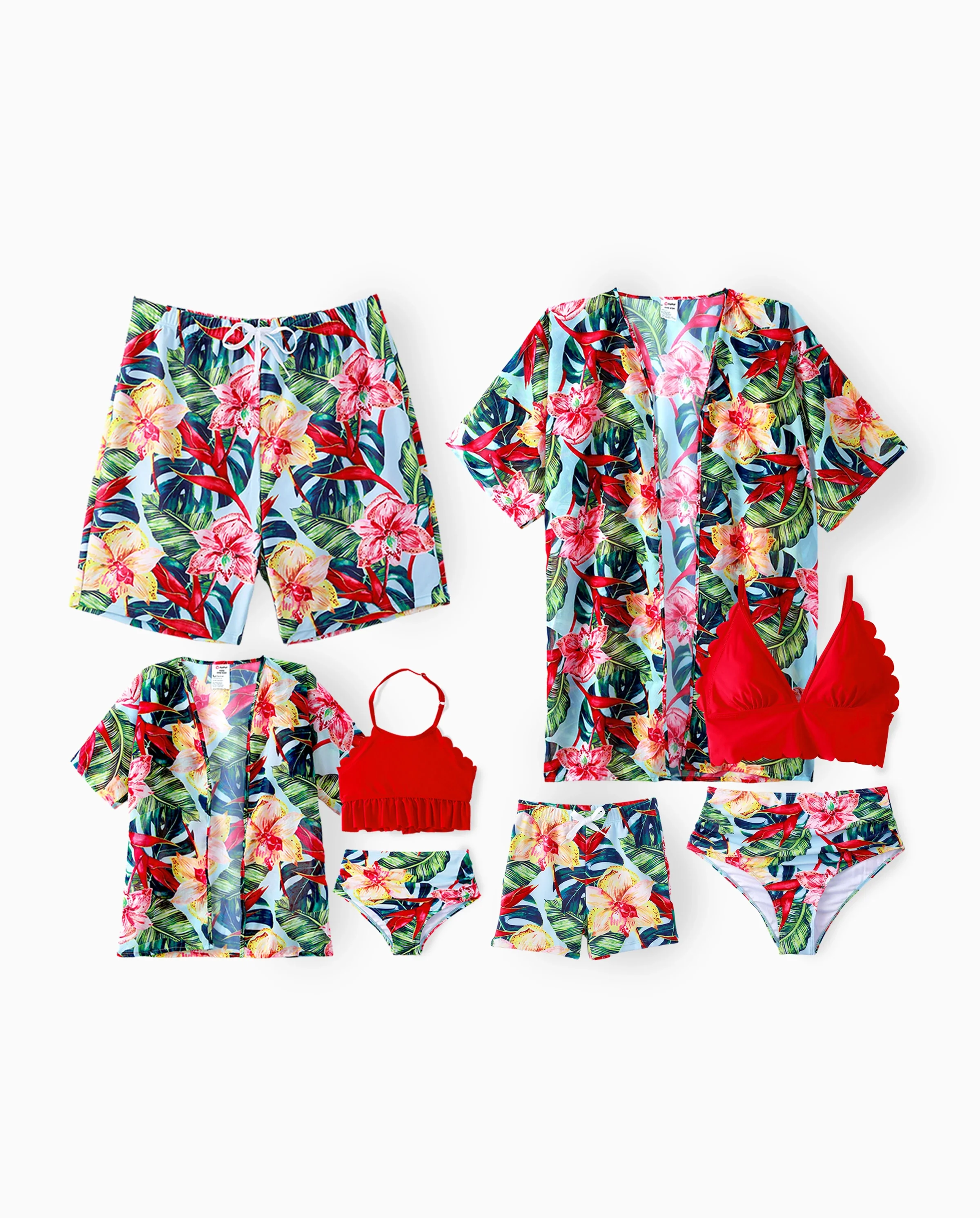 Family Matching Floral Drawstring Swim Trunks or Ruched Shell Edge Bikini with Optional Swim Cover Up Red - Image 9