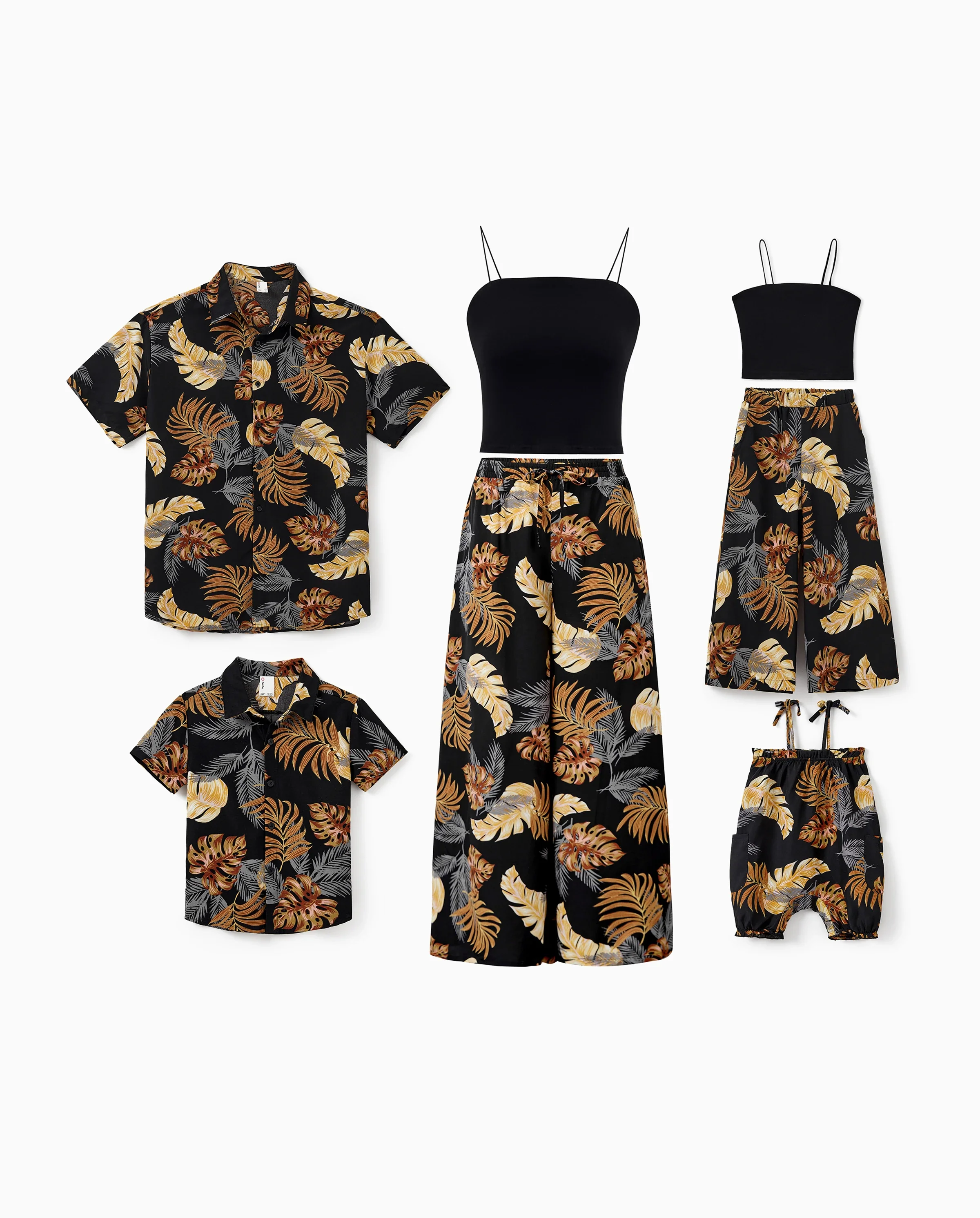Family Matching Floral Print Beach Wear Short-sleeve Shirt or Camisole top and Wide-Leg Pants Set for Summer Vacation Family Looks Black+White - Image 10