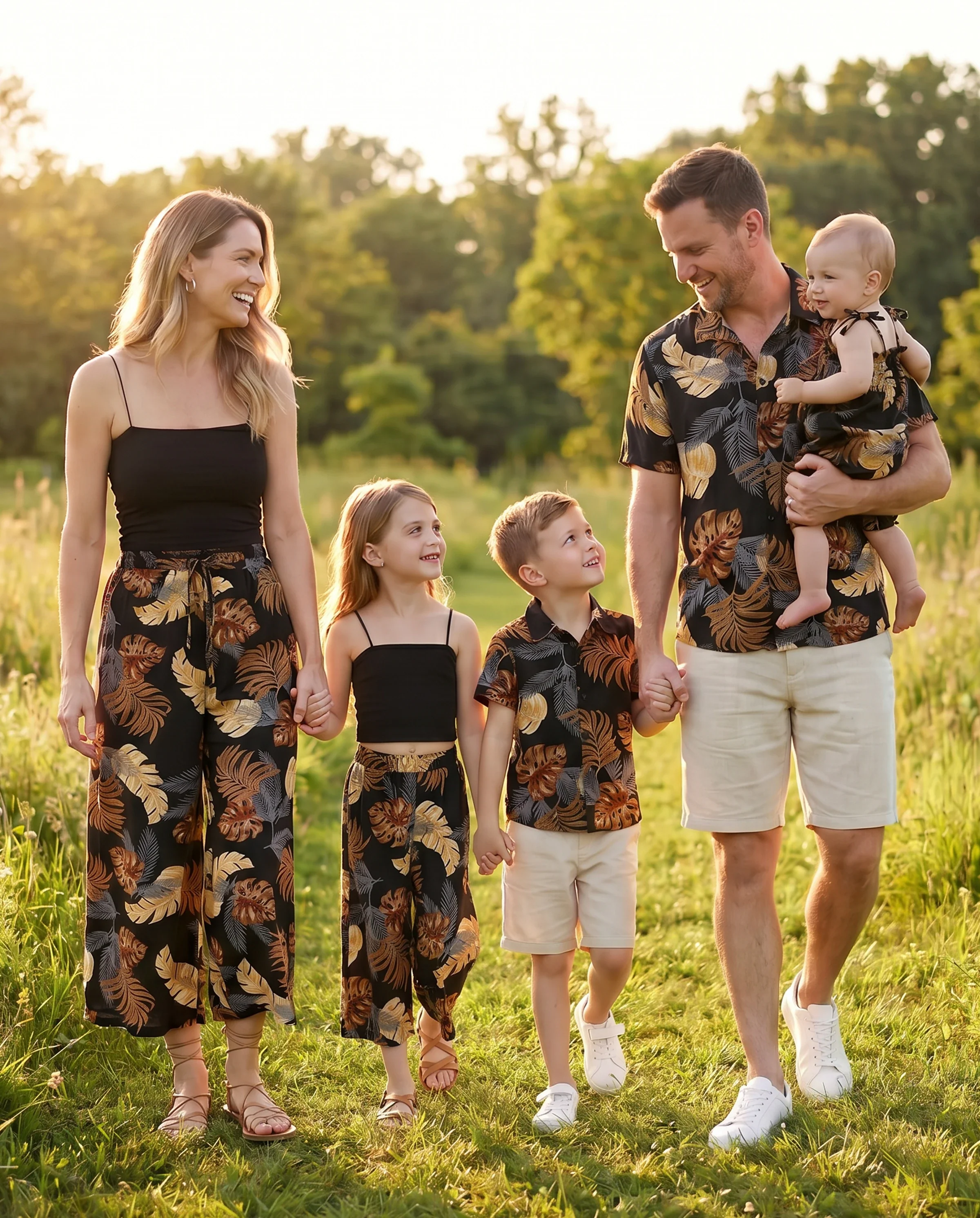 Family Matching Floral Print Beach Wear Short-sleeve Shirt or Camisole top and Wide-Leg Pants Set for Summer Vacation Family Looks Black+White - Image 11