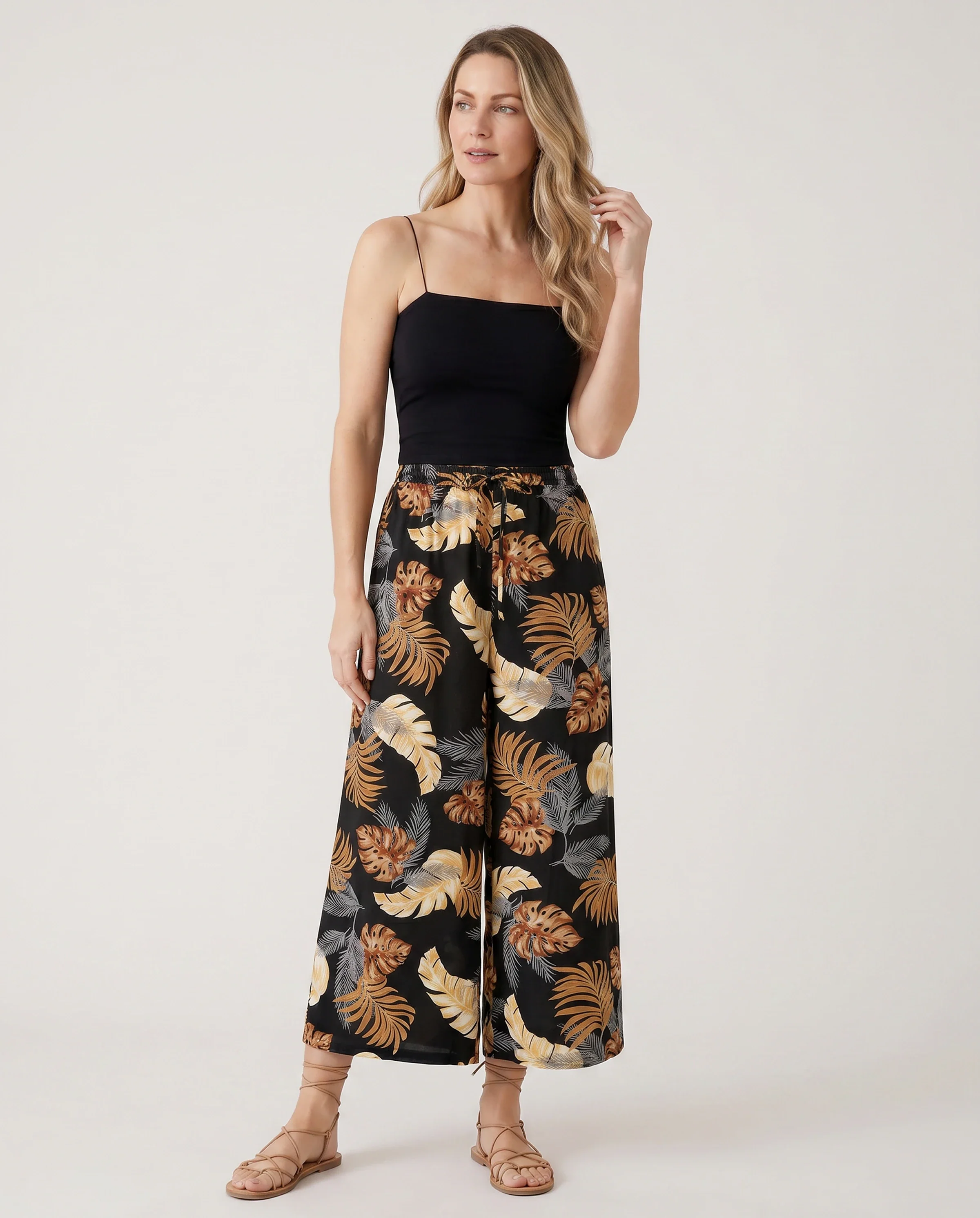 Family Matching Floral Print Beach Wear Short-sleeve Shirt or Camisole top and Wide-Leg Pants Set for Summer Vacation Family Looks Black+White - Image 2