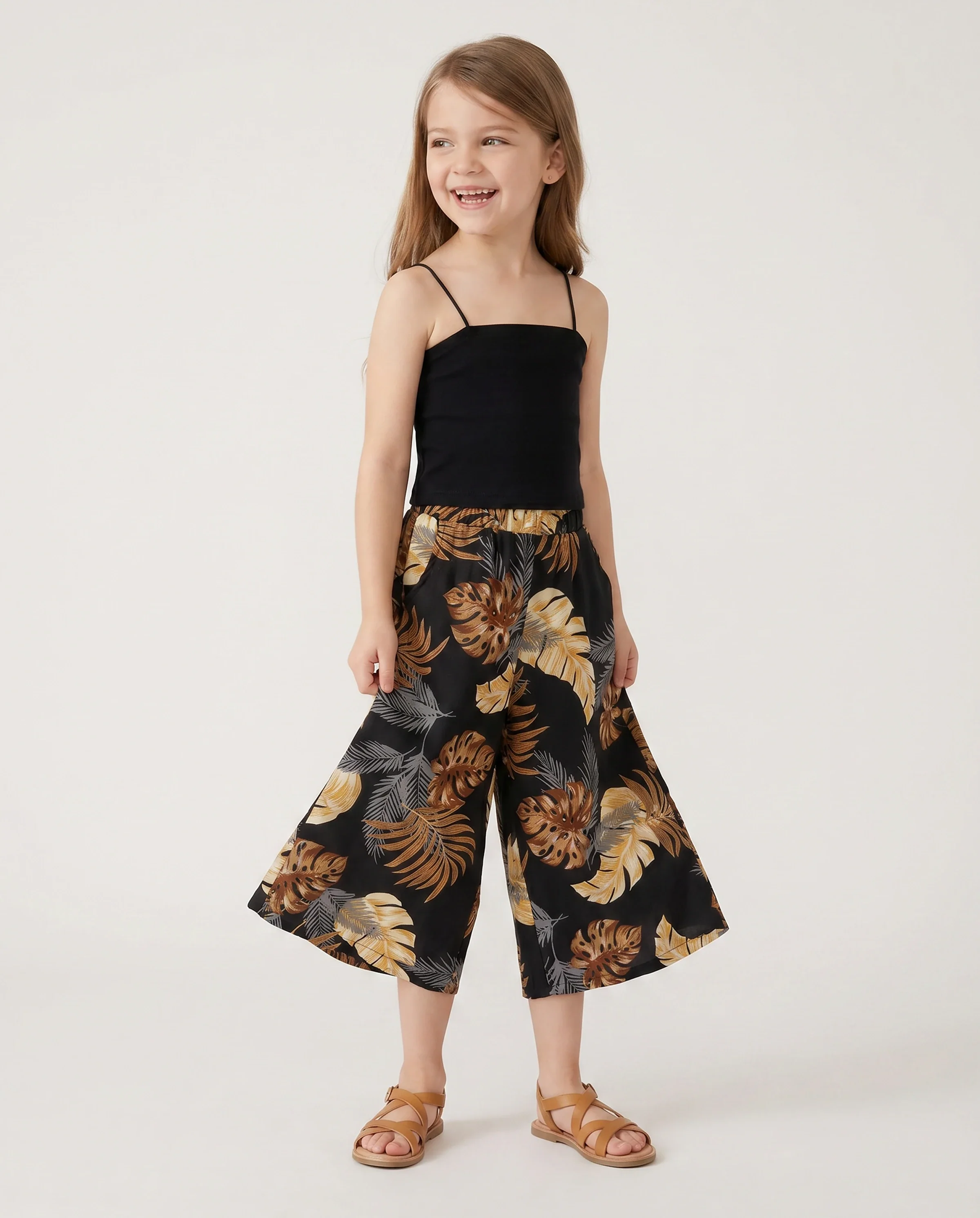 Family Matching Floral Print Beach Wear Short-sleeve Shirt or Camisole top and Wide-Leg Pants Set for Summer Vacation Family Looks Black+White - Image 3