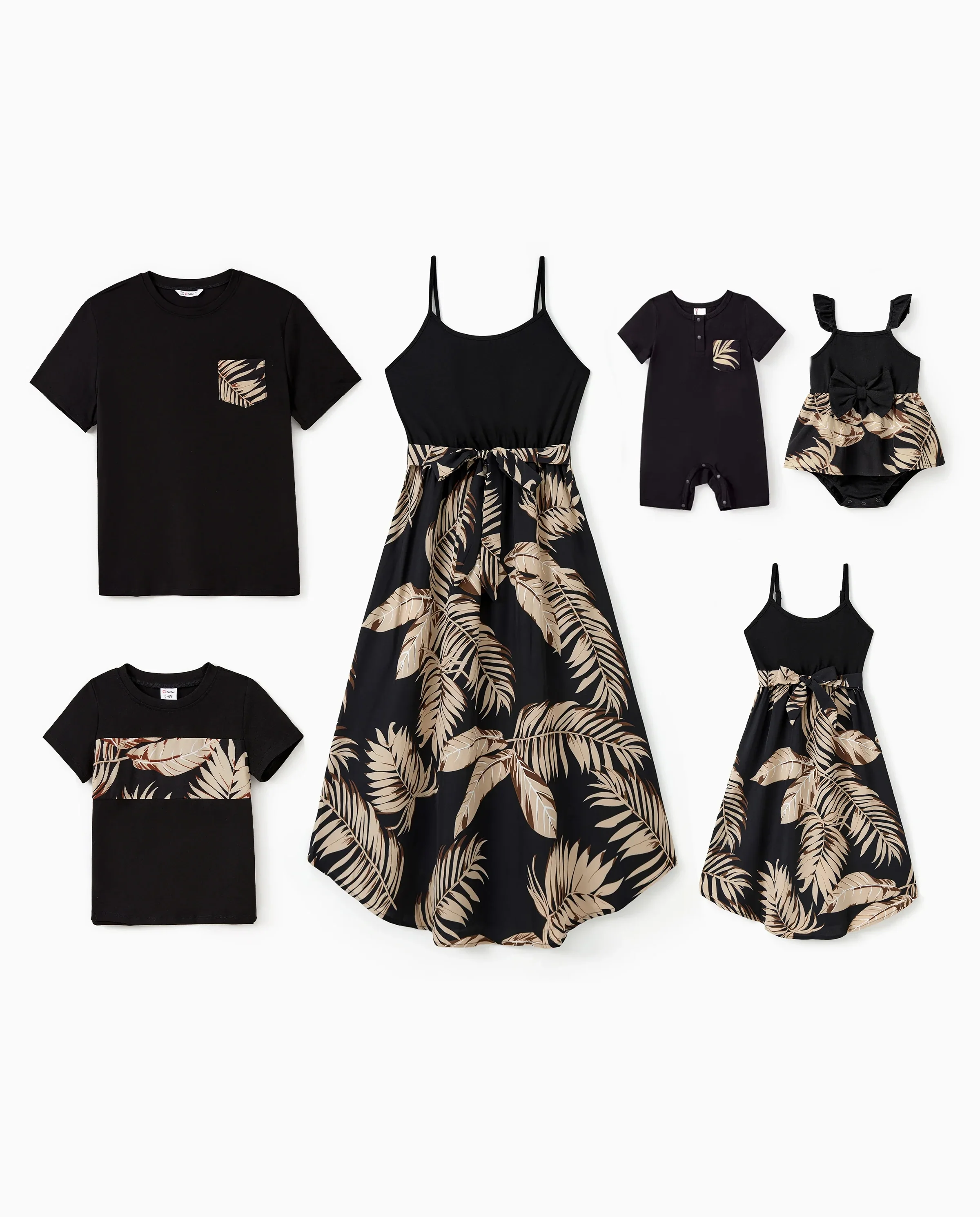 Family Matching Floral Print Belted Cami Dresses And Solid Short Sleeve Tops Sets Black - Image 10